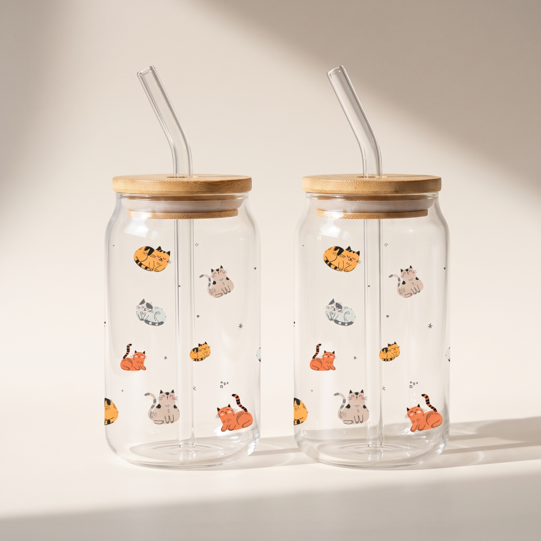 Gobelets en verre avec couvercle en bambou et paille en verre, 350 ml (lot de 2) - Chats