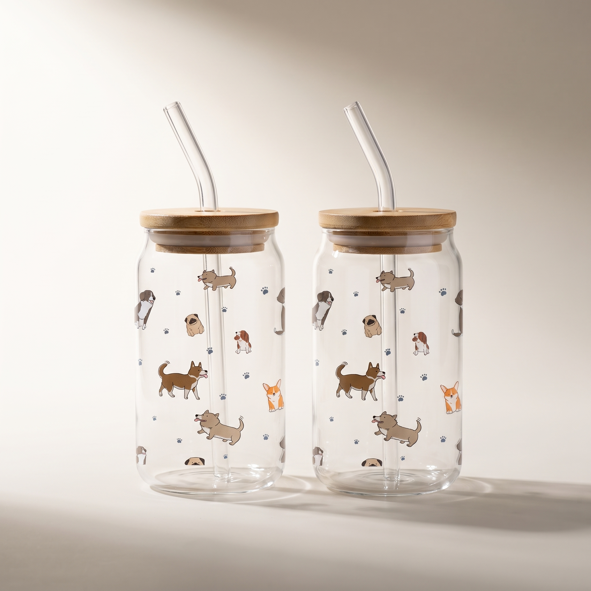 Gobelets en verre avec couvercle en bambou et paille en verre, 350 ml (lot de 2) - Chiens