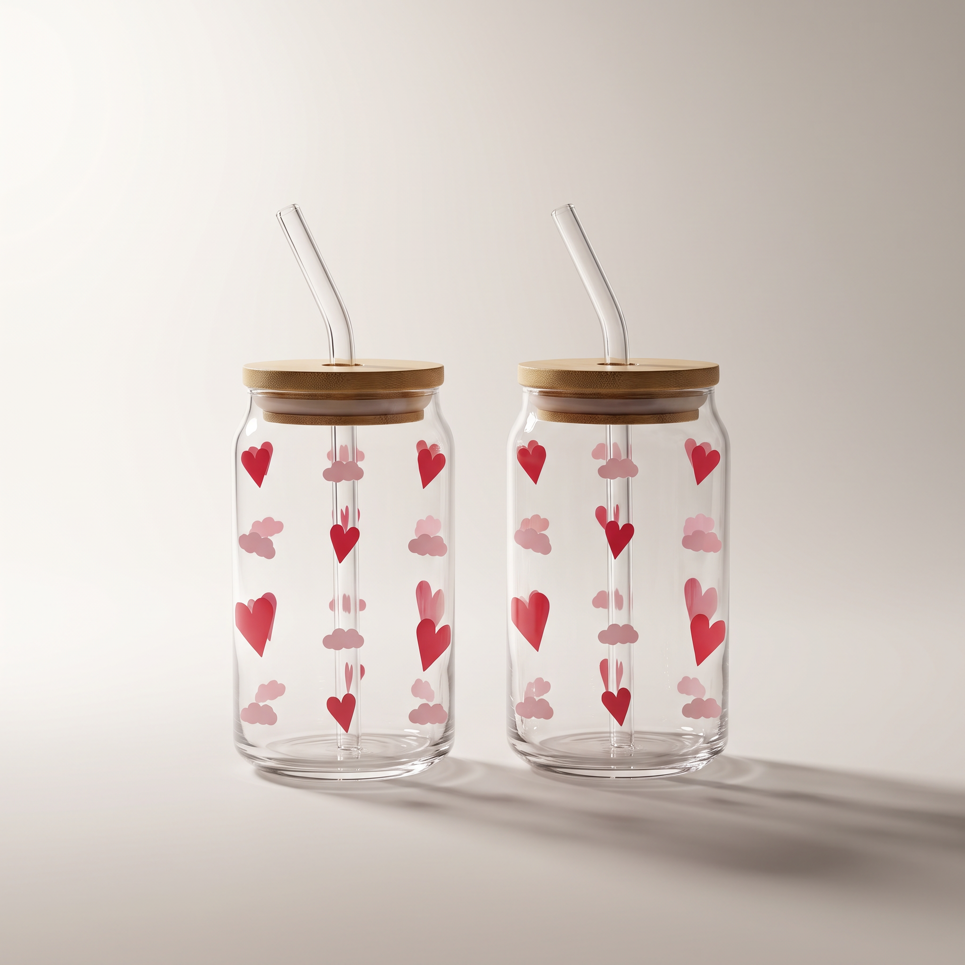 Glass Tumbler Sippers with Bamboo Lid & Glass Straw (set of 2) - Hearts
