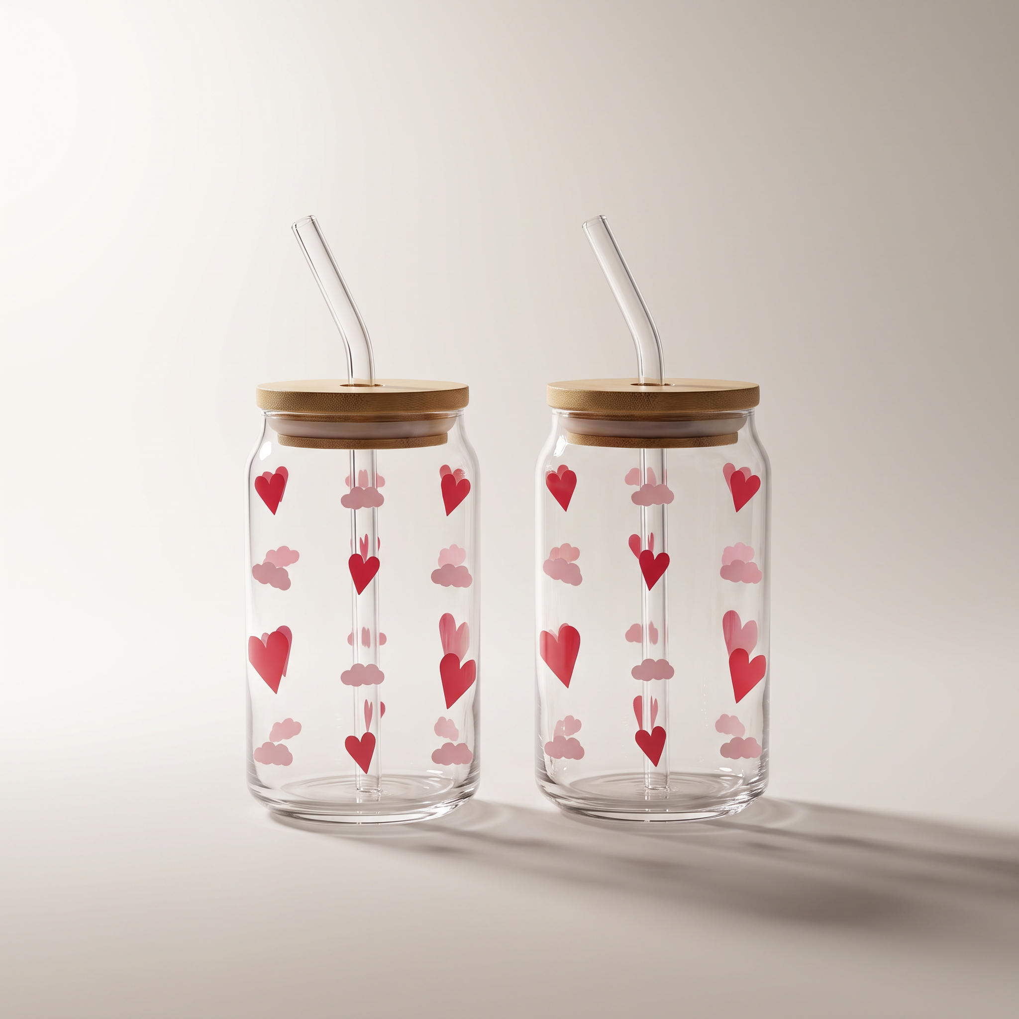 Glass Tumbler Sippers with Bamboo Lid & Glass Straw (set of 2) - Hearts