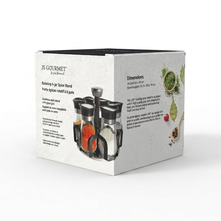 Revolving Spice Stand with 6 Glass Jars — 360° Rotation packaging