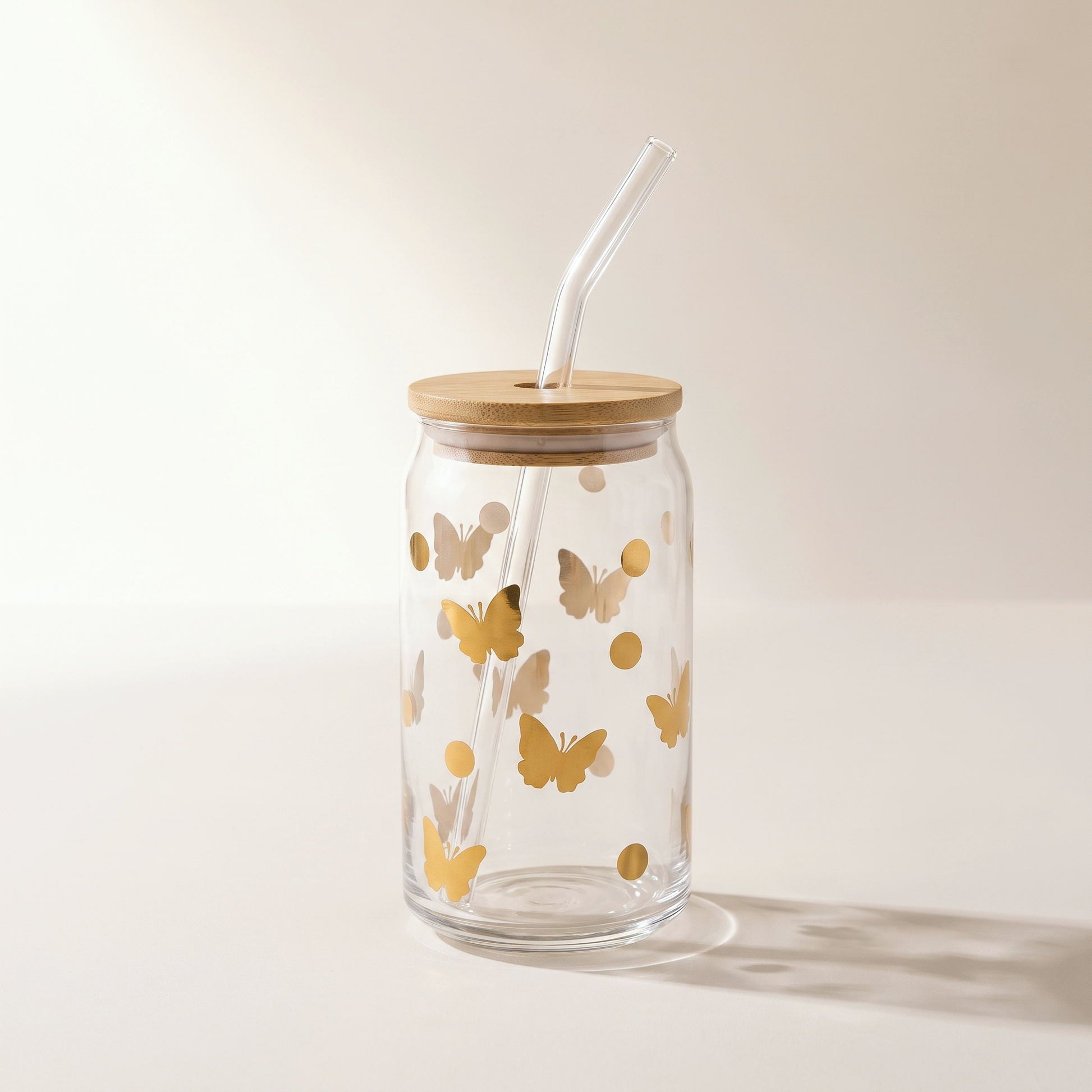 Glass Tumbler Sippers with Bamboo Lid & Glass Straw (set of 2) — Gold Butterfly Decal