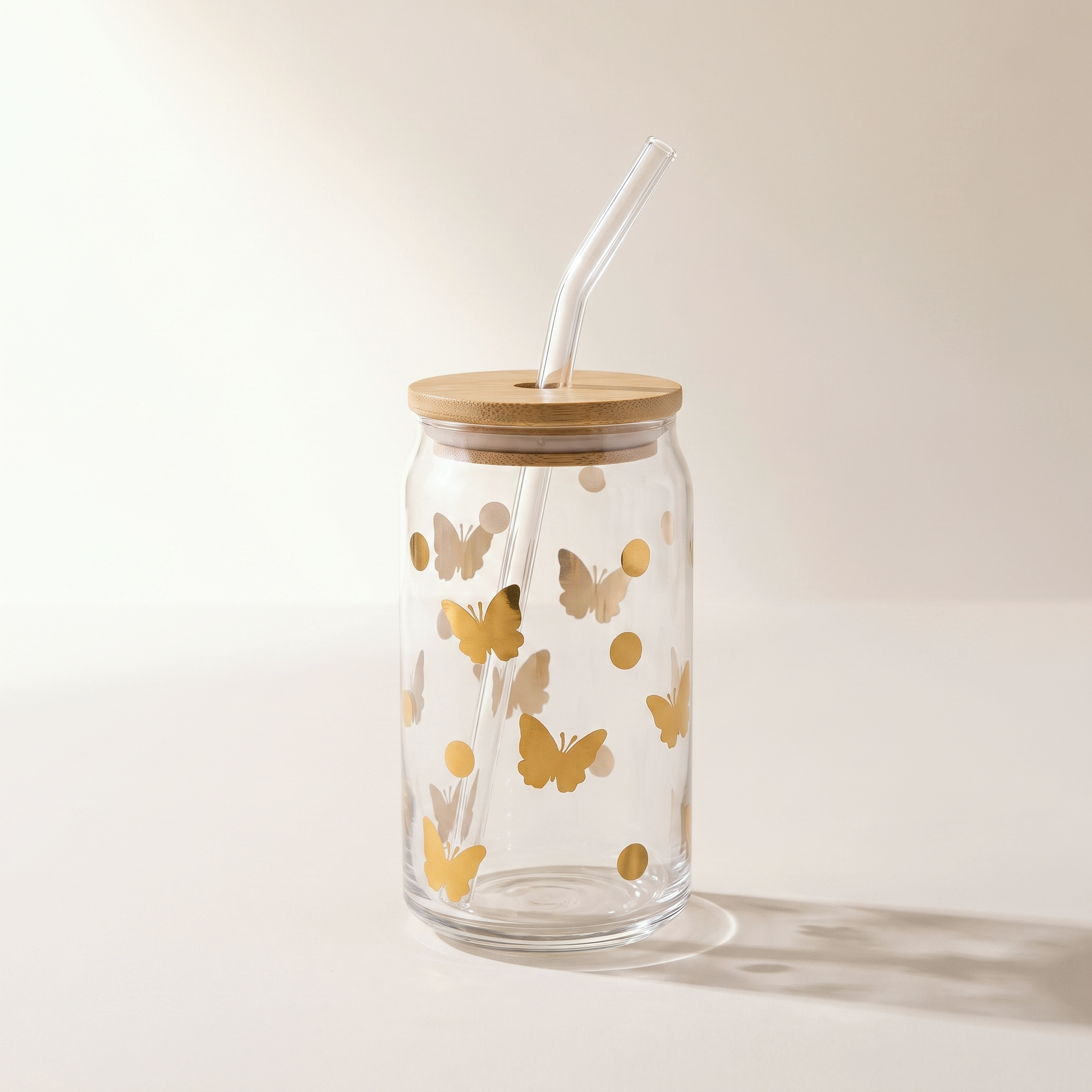 Glass Tumbler Sippers with Bamboo Lid & Glass Straw (set of 2) — Gold Butterfly Decal