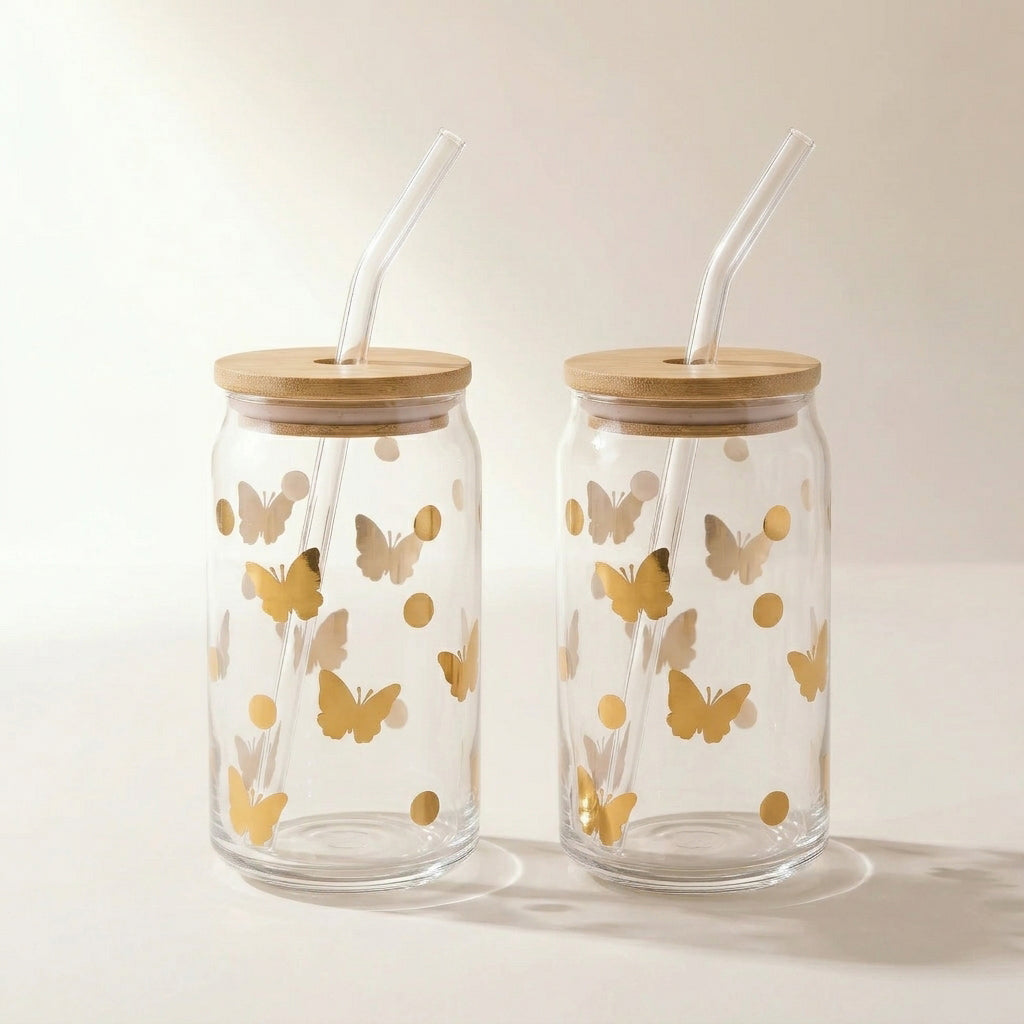 Glass Tumbler Sippers with Bamboo Lid & Glass Straw (set of 2) — Gold Butterfly Decal