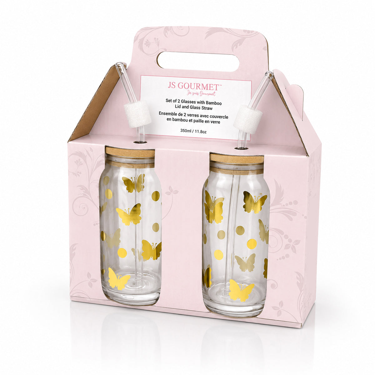 Glass Tumbler Sippers with Bamboo Lid & Glass Straw (set of 2) — Gold Butterfly Decal packaging