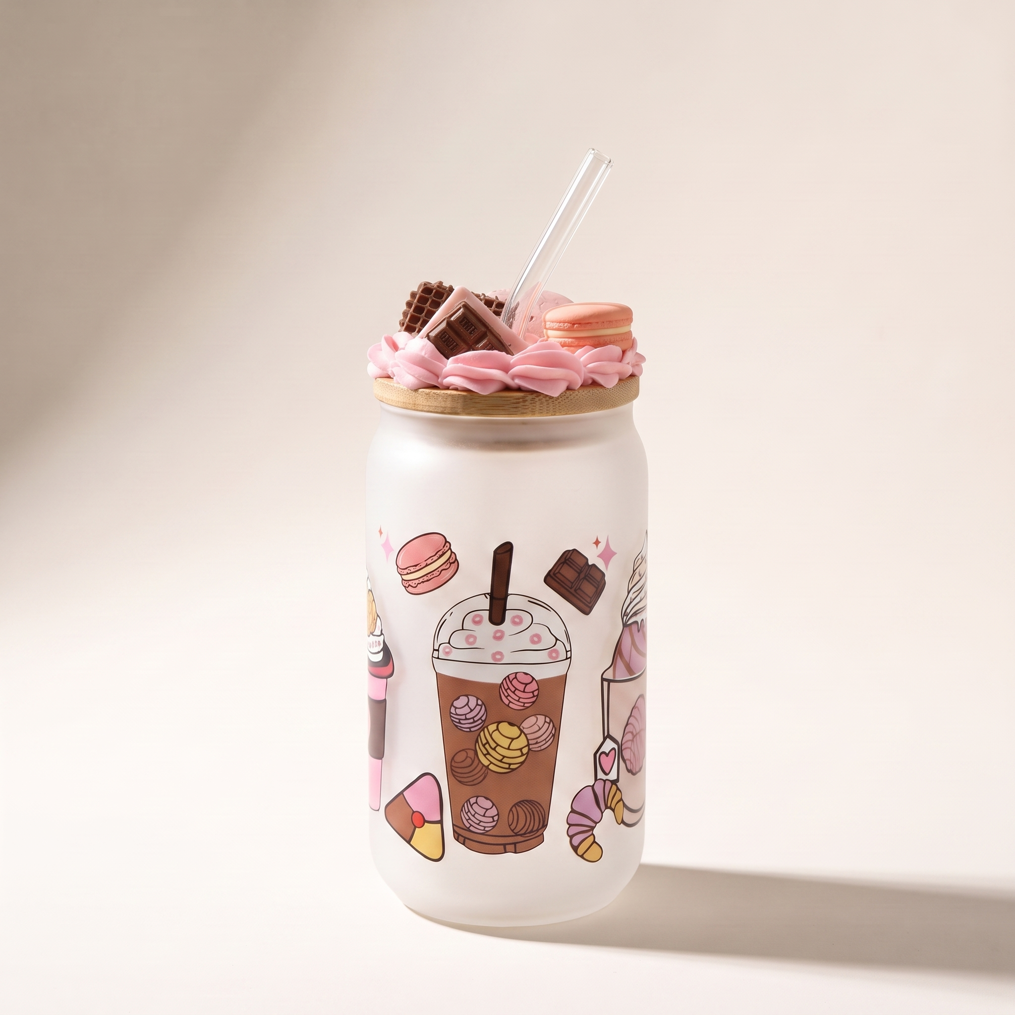 Frosted Borosilicate Glass Tumbler Sipper with Colorful Pink Decals and Bamboo Lid