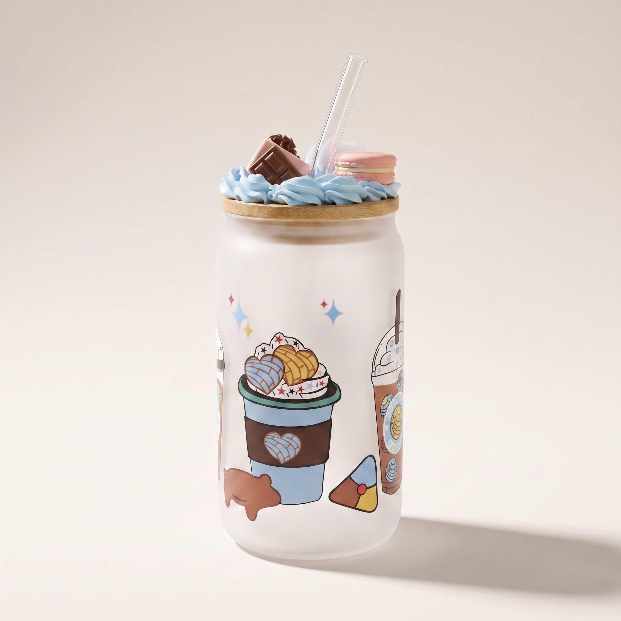 Frosted Borosilicate Glass Tumbler Sipper with Colorful Blue Decals and Bamboo Lid