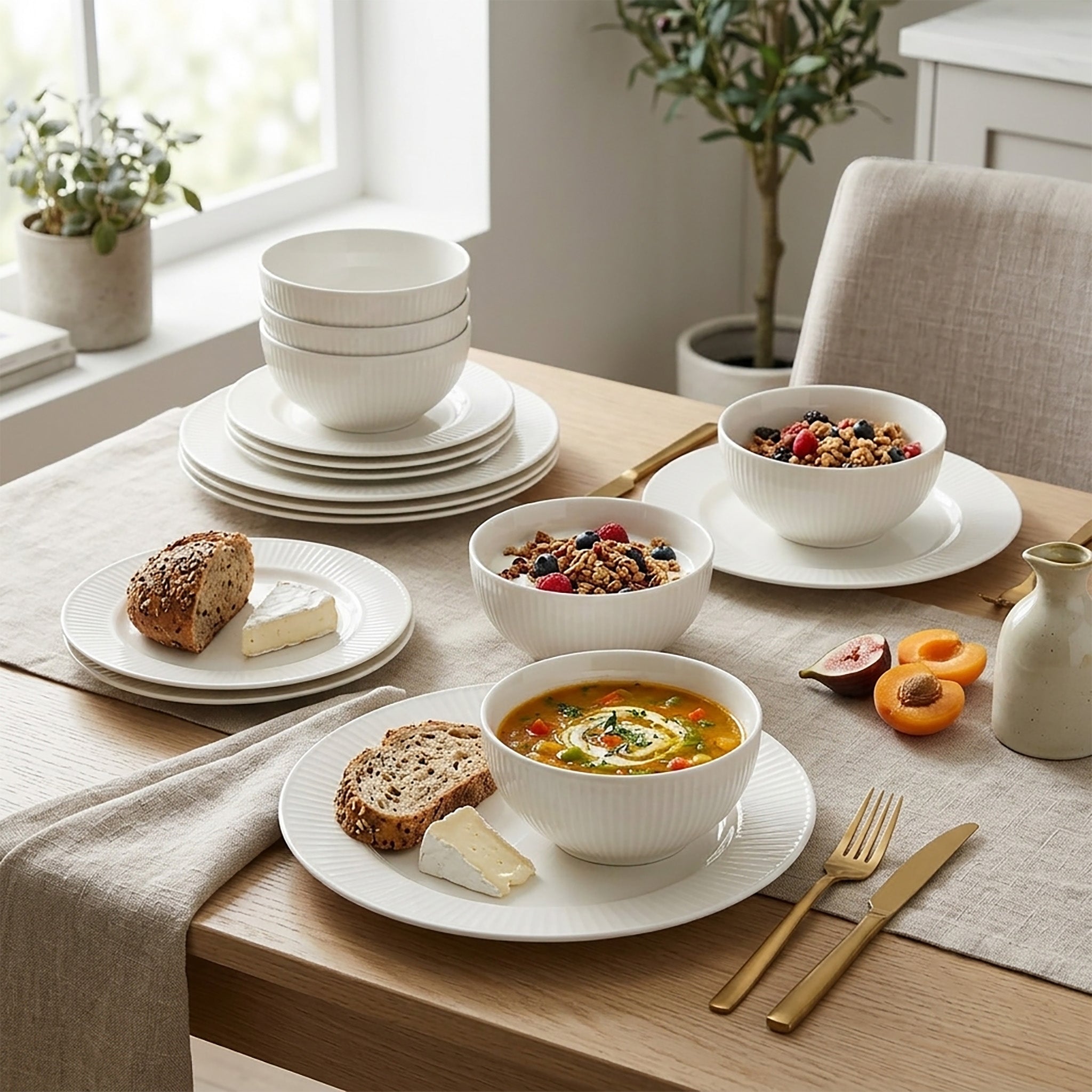 JS Gourmet 'Hilary' 12-Piece Embossed Bone China Dinnerware Set — White