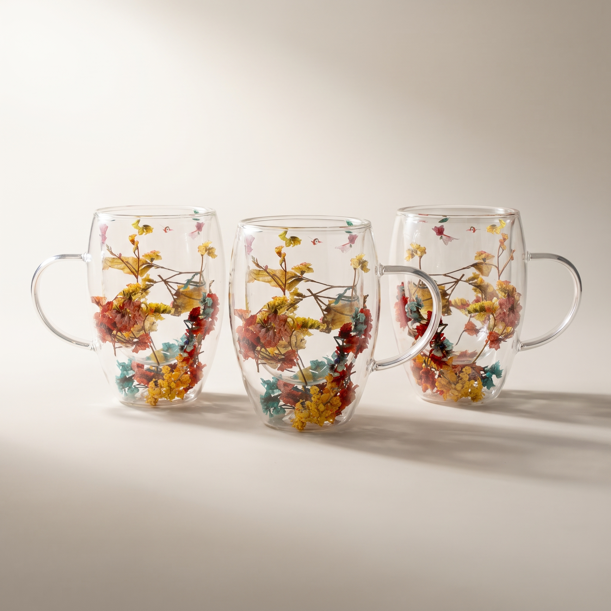 Tasses en verre borosilicate à double paroi avec fleurs séchées flottantes, 350 ml (ensemble de 2)