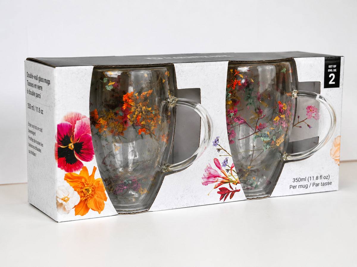 Double-Wall Borosilicate Glass Mugs with Floating Dried Flowers, 350 ml (Set of 2) packaging