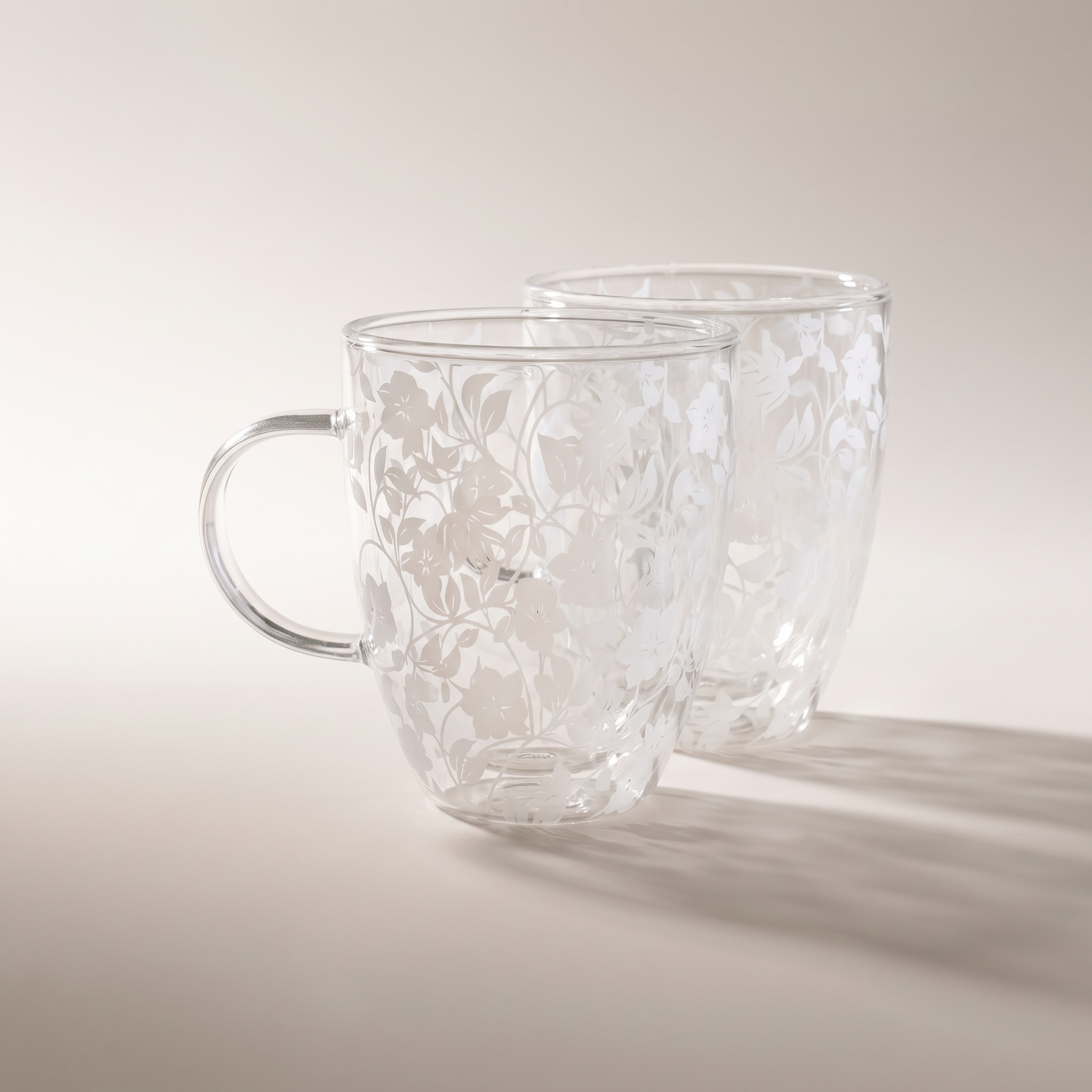 Tasses en verre borosilicate à double paroi avec motif floral blanc superposé, 350 ml (lot de 2)
