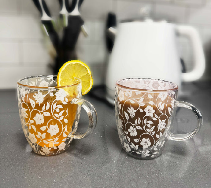 2 Glass Cups with Decaled White Flowers