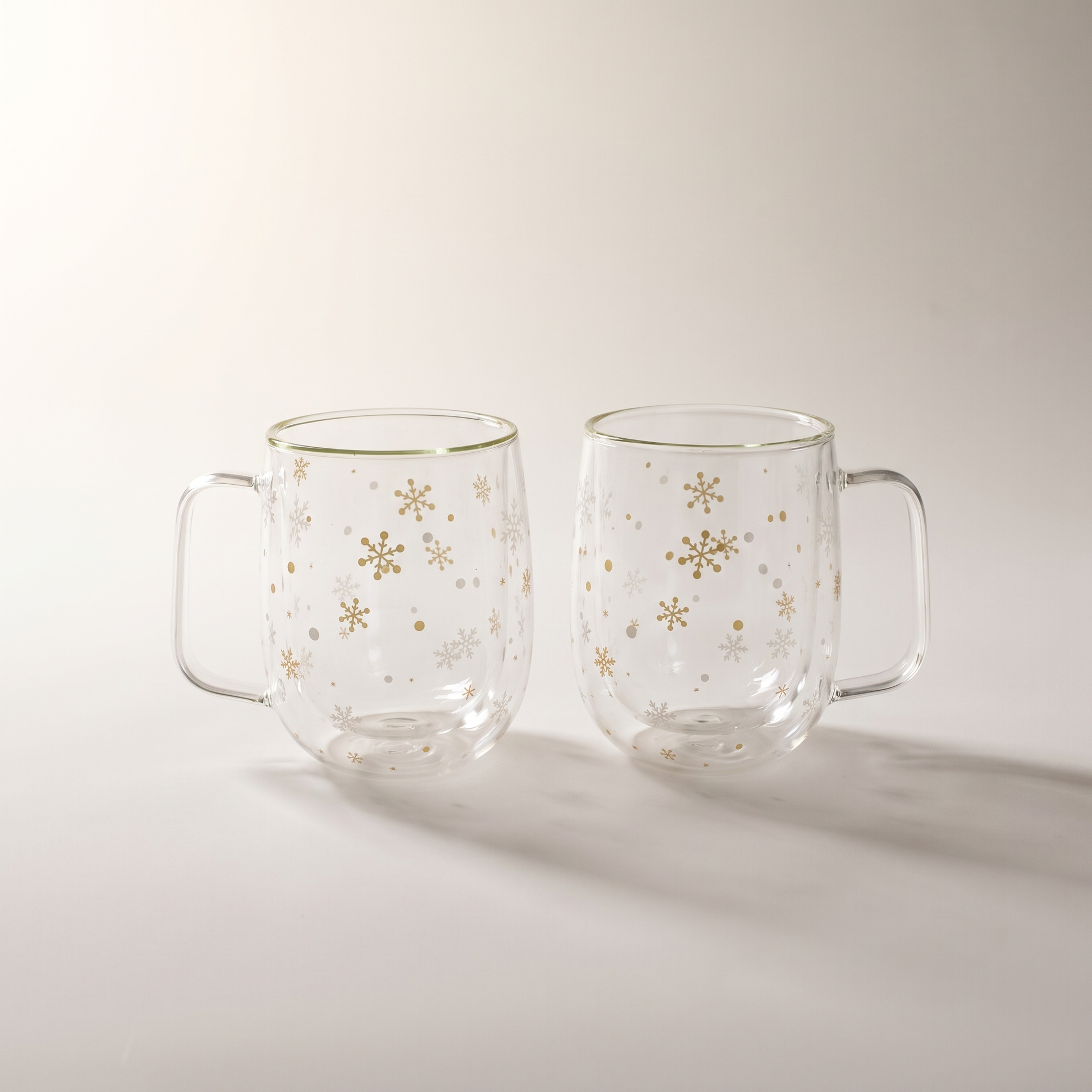 Double-Wall Borosilicate Glass Mugs with Gold & White Snowflakes, 300 ml (Set of 2)