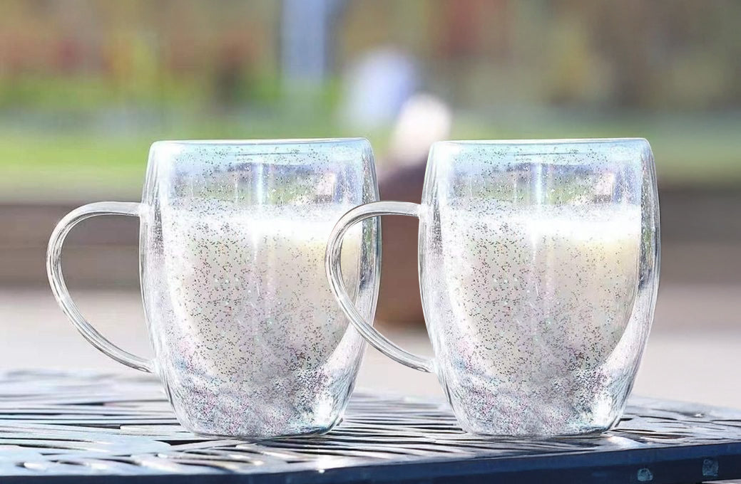 Set of 2, Glitter Double-Wall Glass Mugs, 350ml