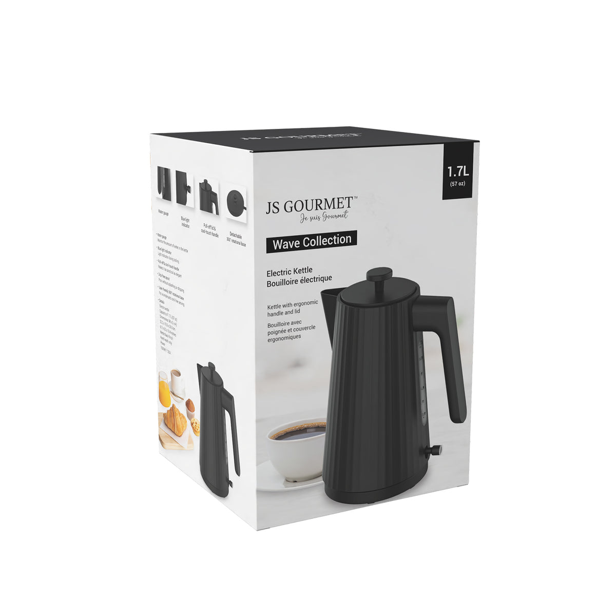 1.7L Electric Kettle, 1500W — Matte Black (Wave Collection) packaging