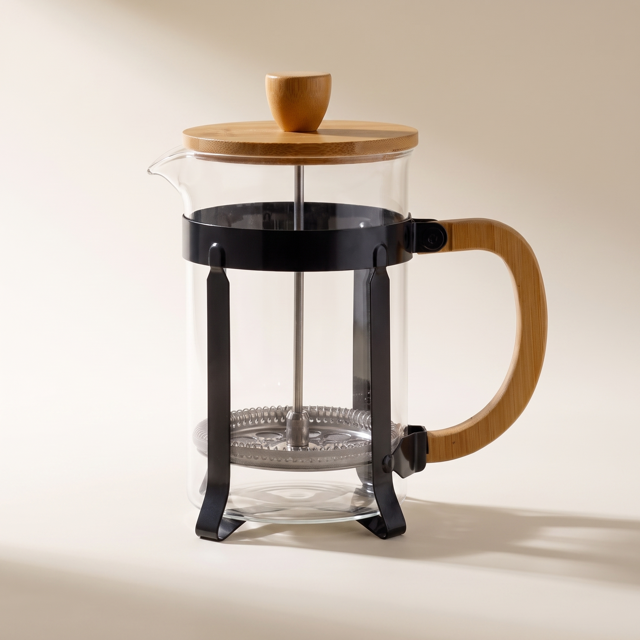 Cafetière à piston JS Gourmet en verre avec bouton et poignée en bambou, 800 ml