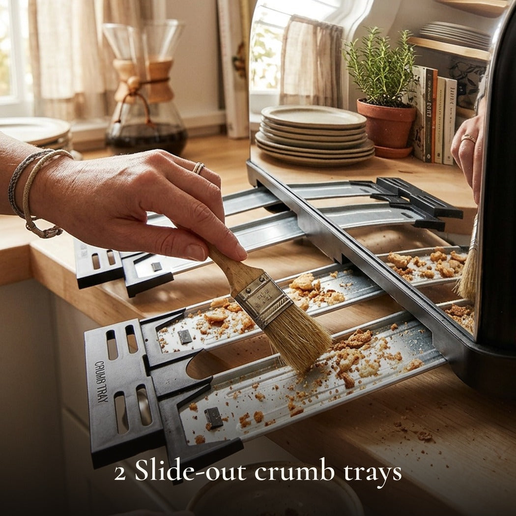 2 Slide-out crumb trays — Retro Rosewood Collection 4-Slice Toaster — Stainless Steel, 1500W