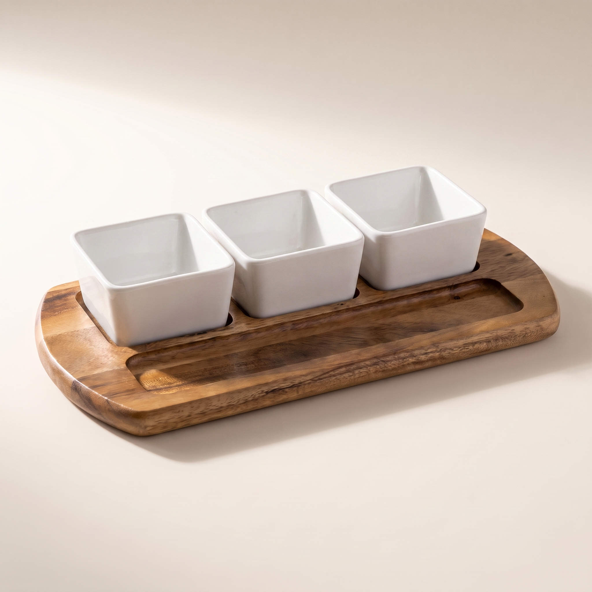 4-Piece Acacia Wood Serving Tray with 3 Ceramic Bowls — 45.7 x 23 cm