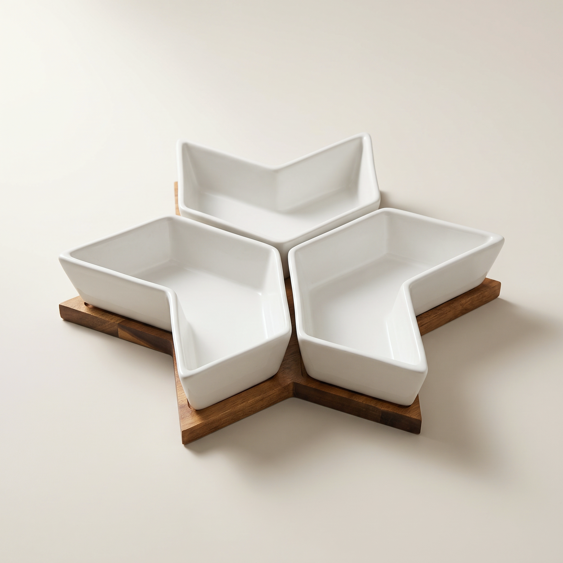 JS Gourmet 4-Piece Star-Shaped Acacia Serving Tray with 3 Ceramic Bowls