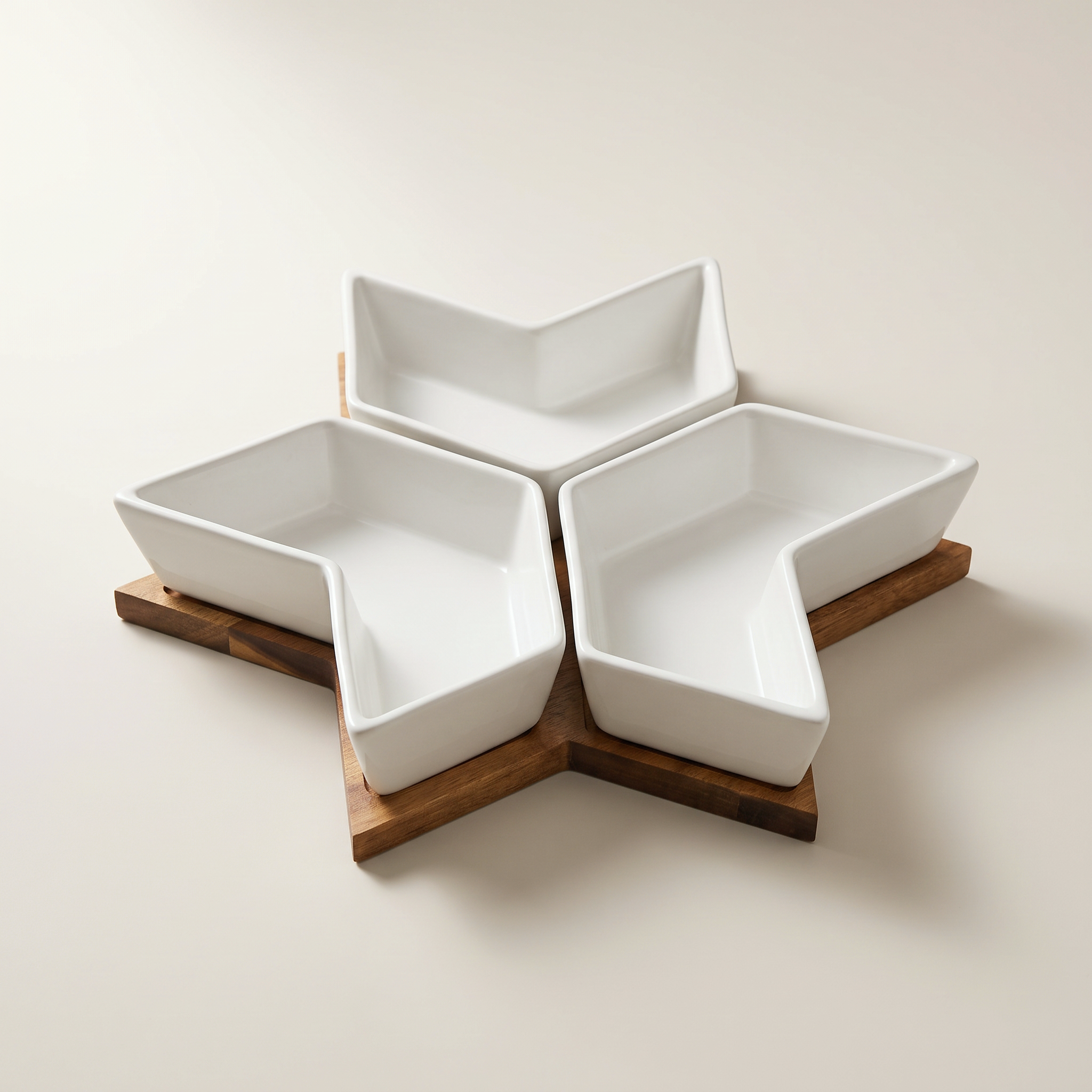 JS Gourmet 4-Piece Star-Shaped Acacia Serving Tray with 3 Ceramic Bowls
