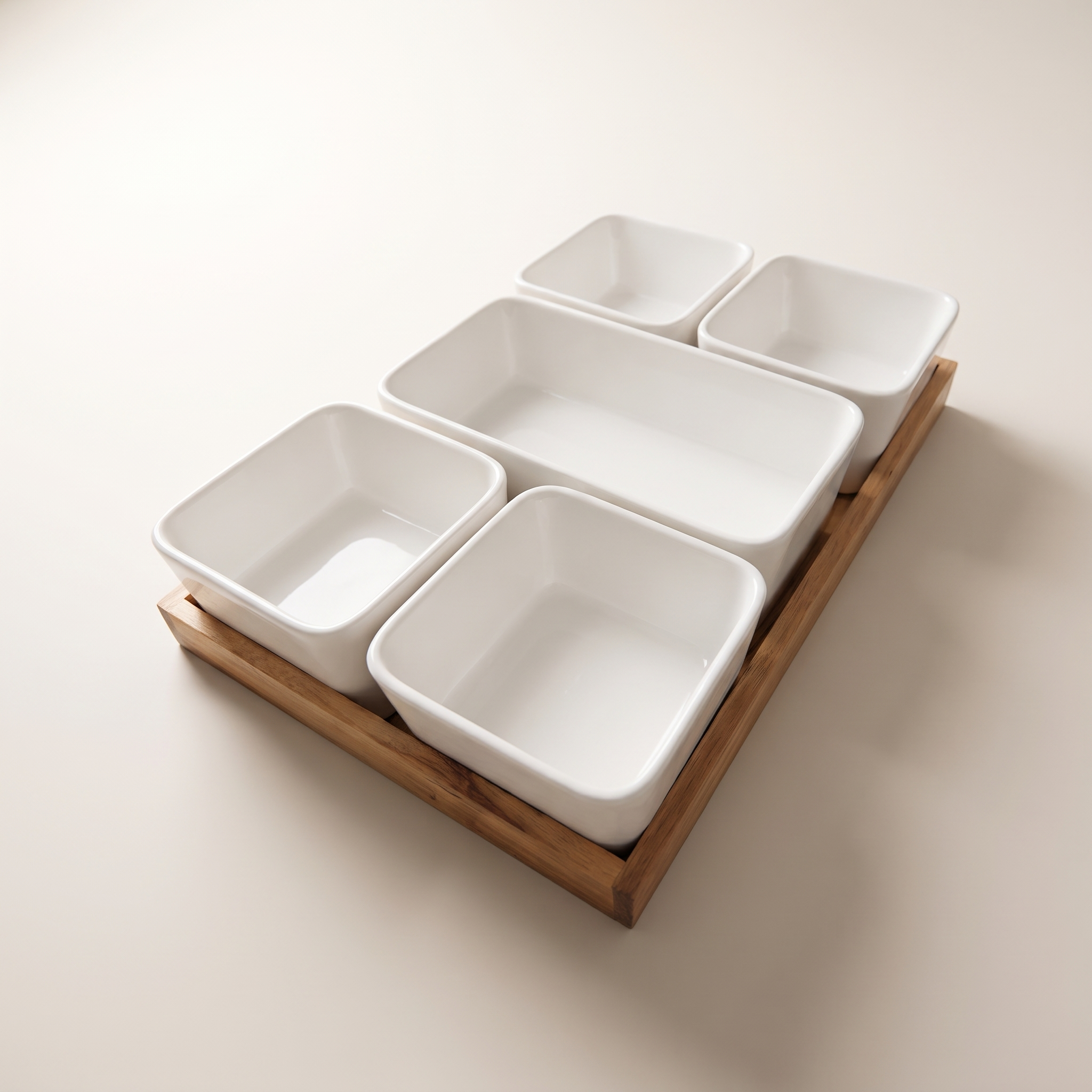 Plateau de service 6 pièces en bois d'acacia avec 5 bols en céramique (JS Gourmet)