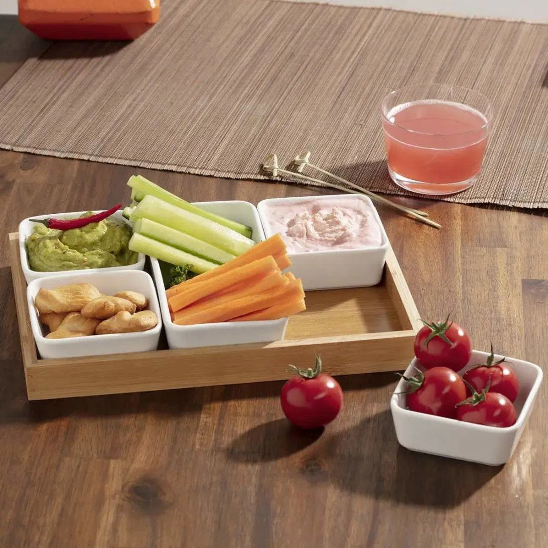 Acacia wood tray 28*19*2.8 cm with ceramic bowls