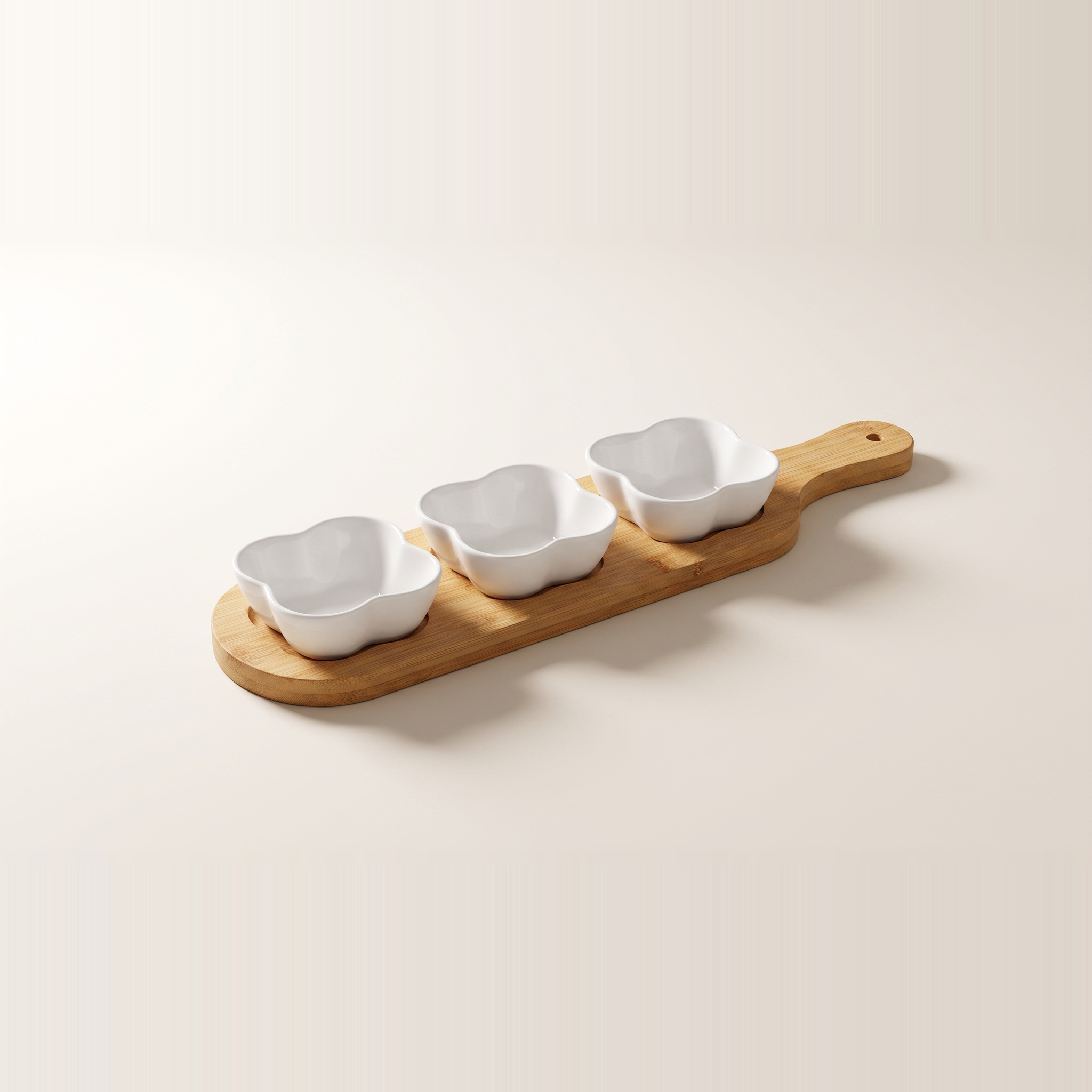 Plateau de service en bambou 4 pièces avec 3 bols en céramique (JS Gourmet)