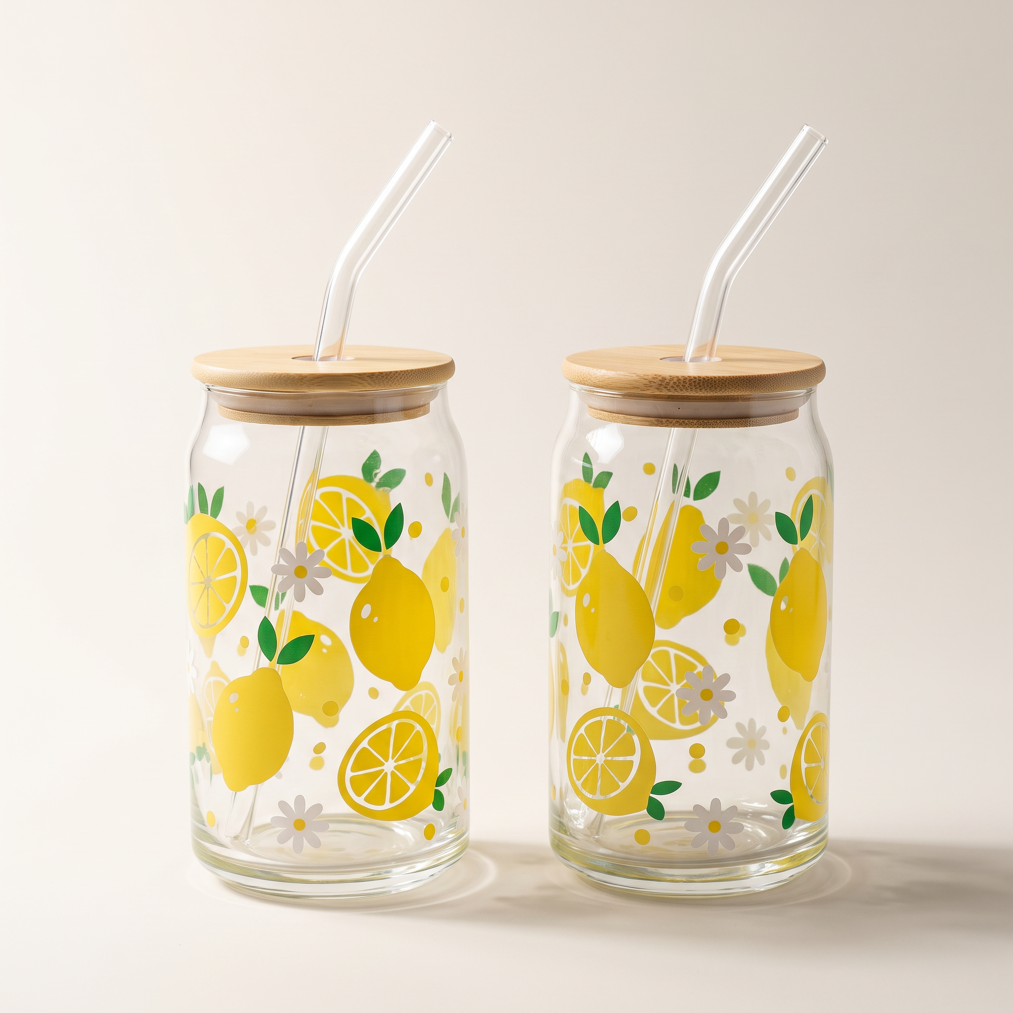 Glass Tumbler Sippers with Bamboo Lid & Glass Straw, 350ml (Set of 2) — Lemons