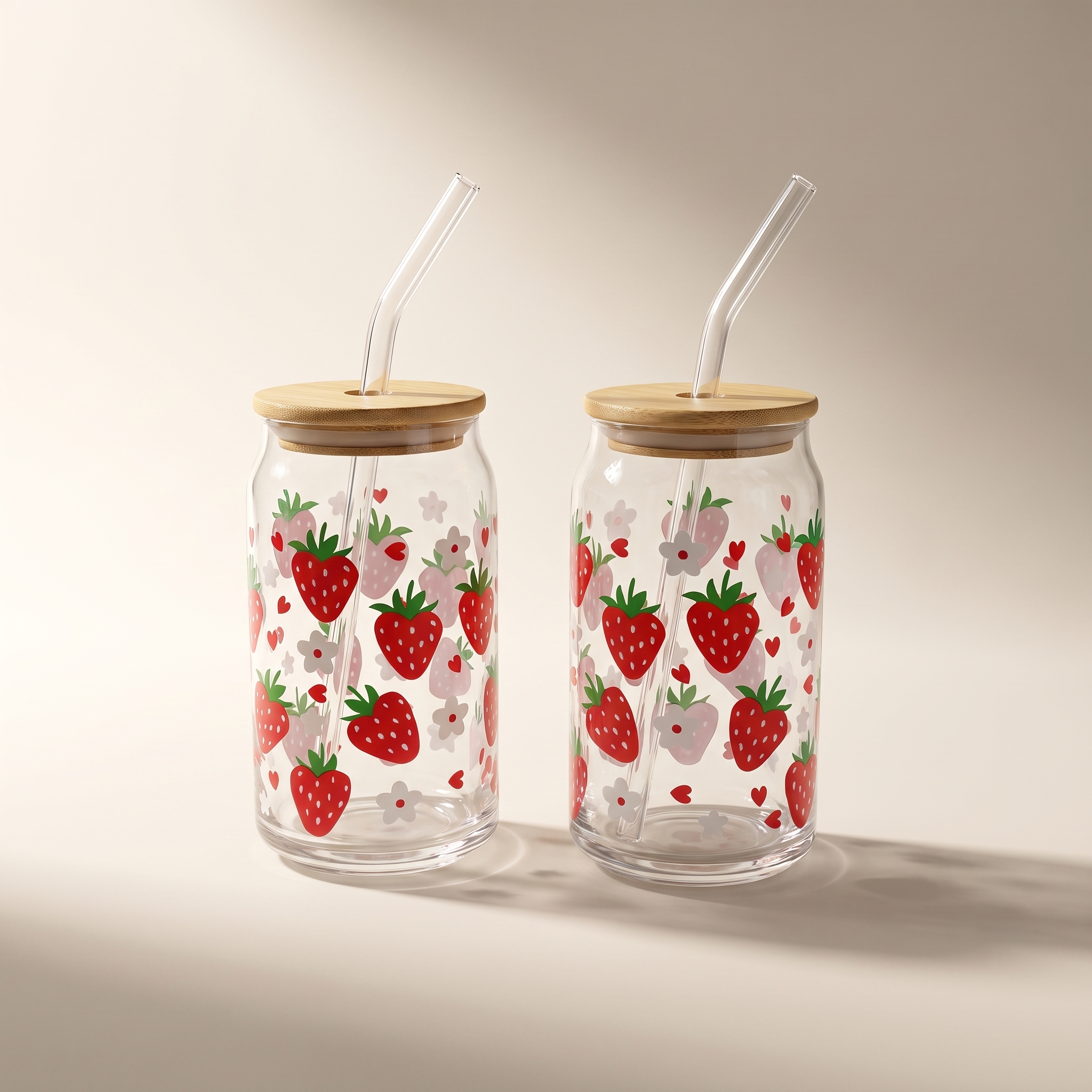 Glass Tumbler Sippers with Bamboo Lid & Glass Straw, 350ml (Set of 2) — Strawberry