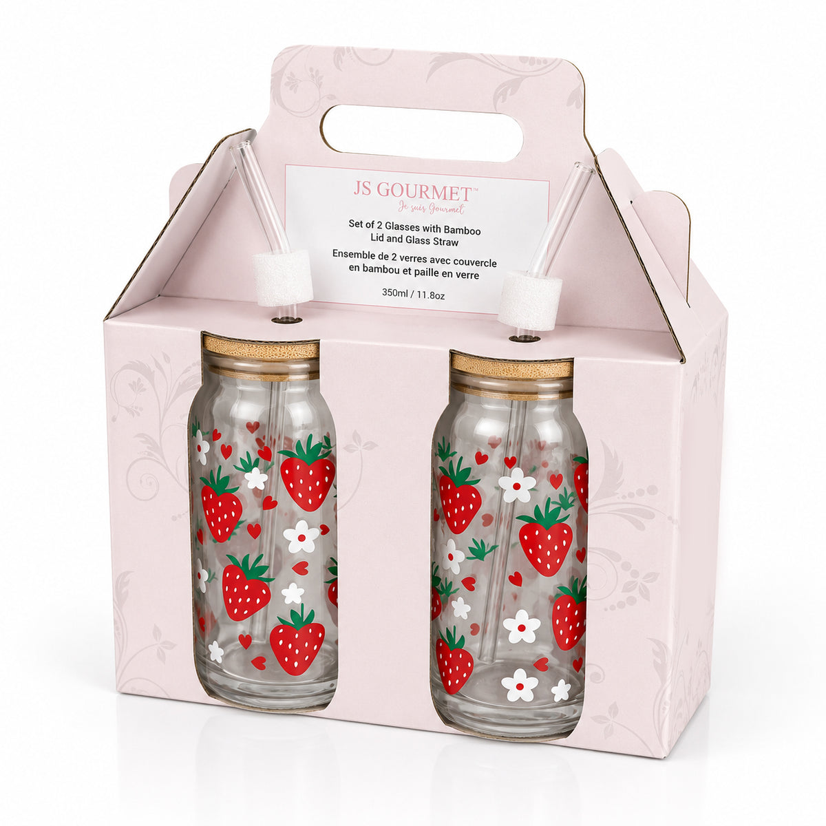 Glass Tumbler Sippers with Bamboo Lid & Glass Straw, 350ml (Set of 2) — Strawberry packaging