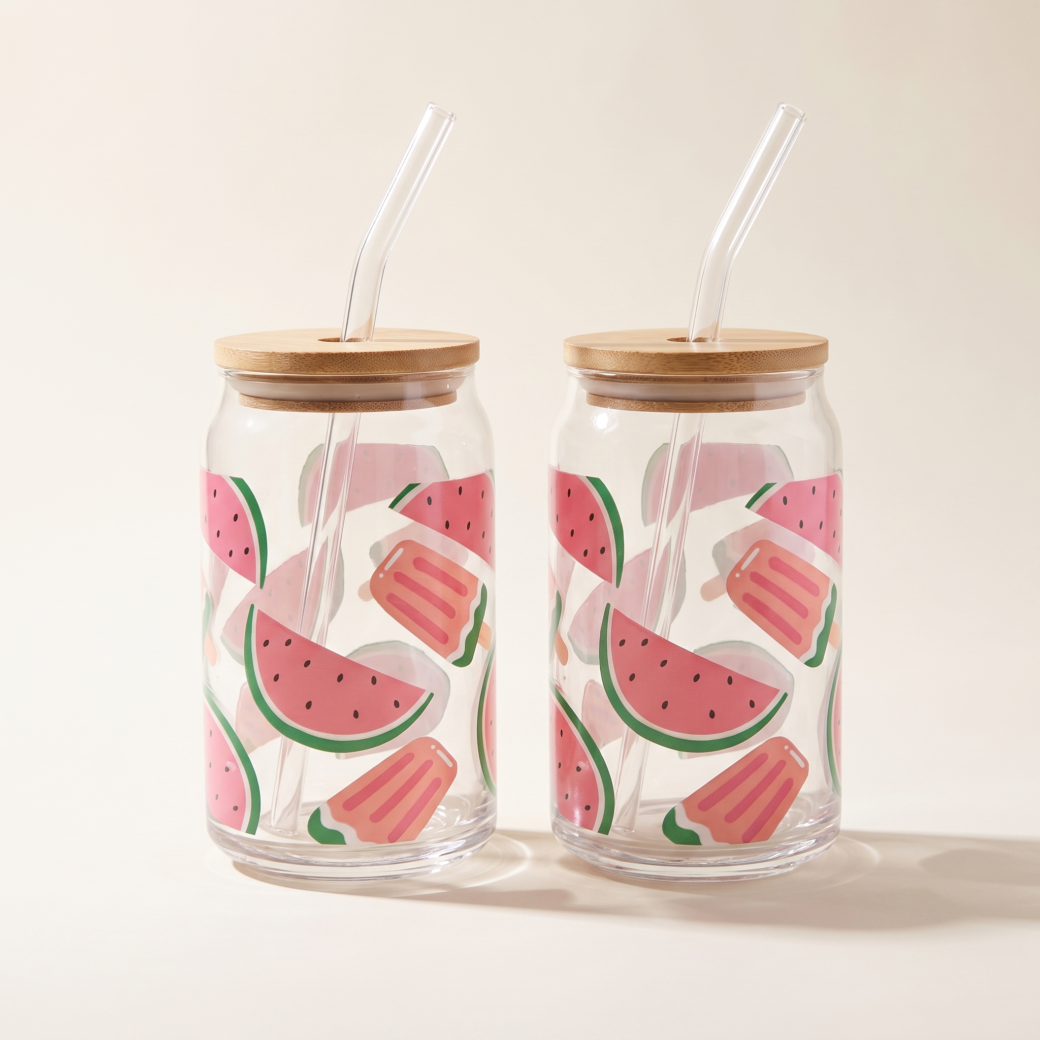 Glass Tumbler Sippers with Bamboo Lid & Glass Straw, 350ml (Set of 2) — Watermelon Popsicle