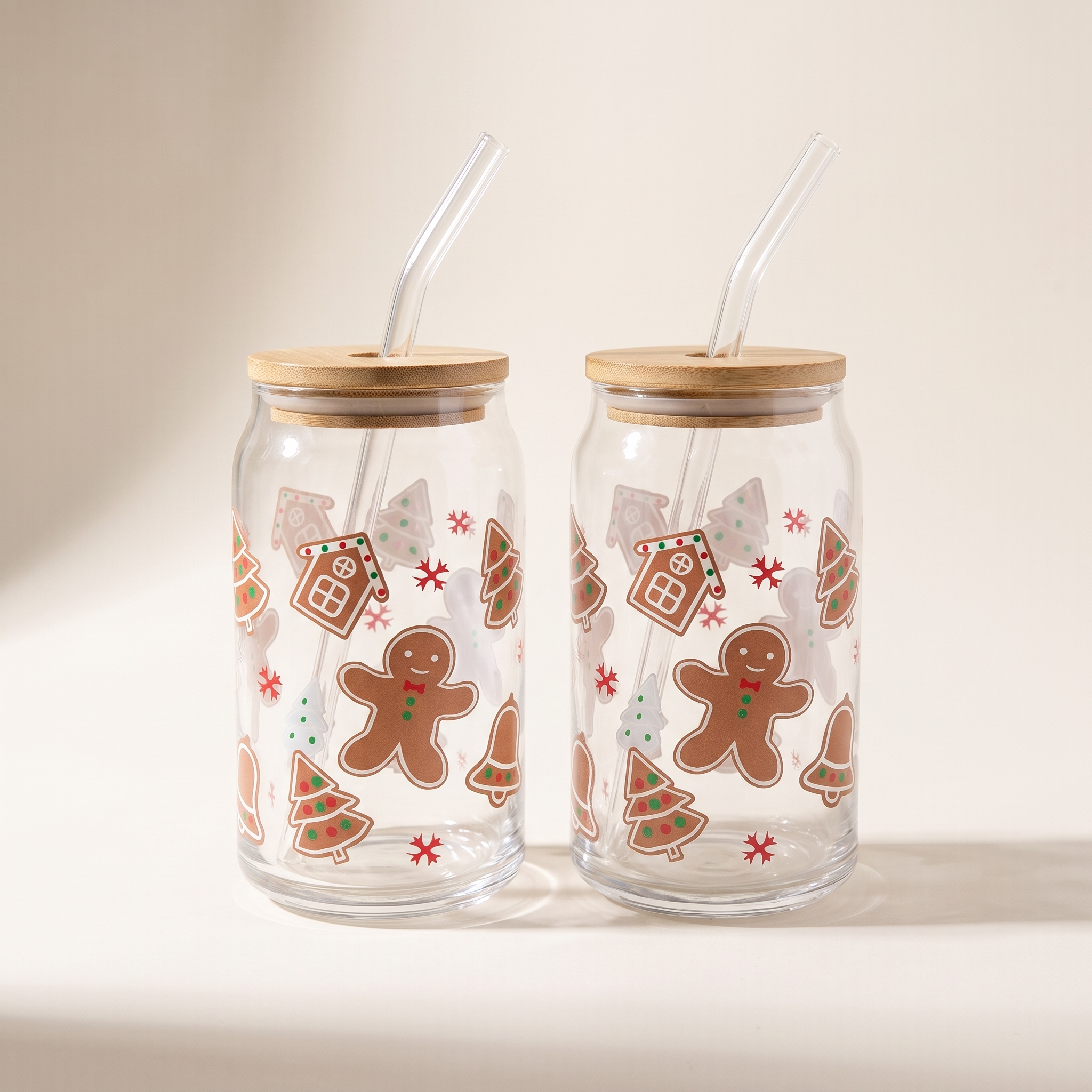 Gobelets en verre avec couvercle en bambou et paille en verre, 350 ml (lot de 2) - Motif pain d'épice