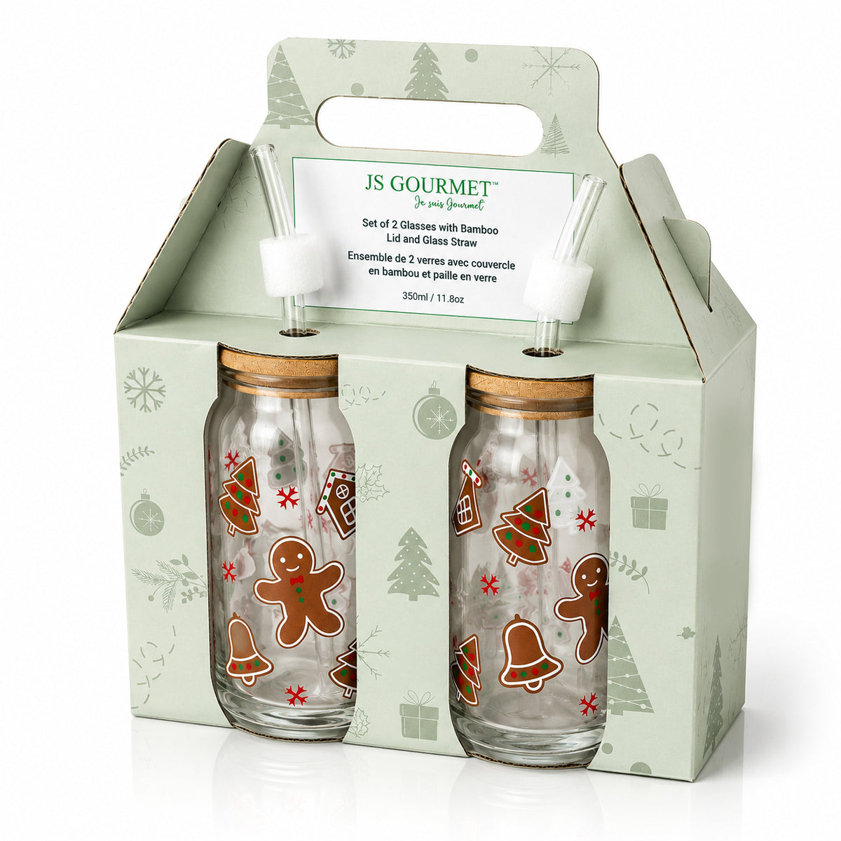 Glass Tumbler Sippers with Bamboo Lid & Glass Straw, 350ml (Set of 2) — Gingerbread Print packaging