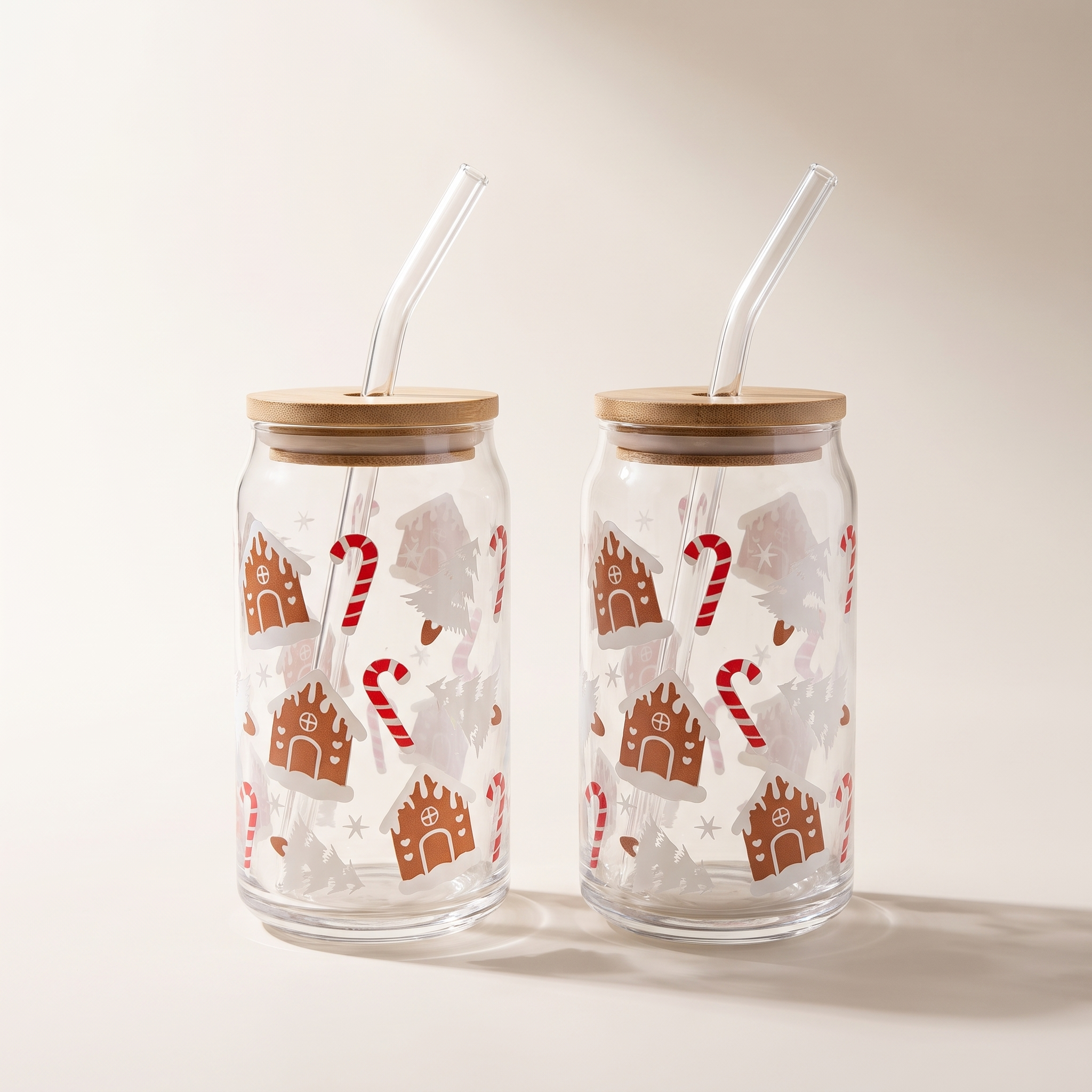 Gobelets en verre avec couvercle en bambou et paille en verre, 350 ml (lot de 2) - Pain d'épice et canne à sucre