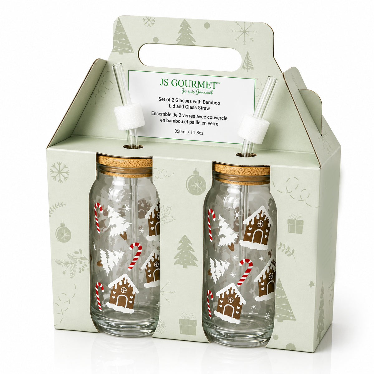 Glass Tumbler Sippers with Bamboo Lid & Glass Straw, 350ml (Set of 2) — Gingerbread Candycane packaging