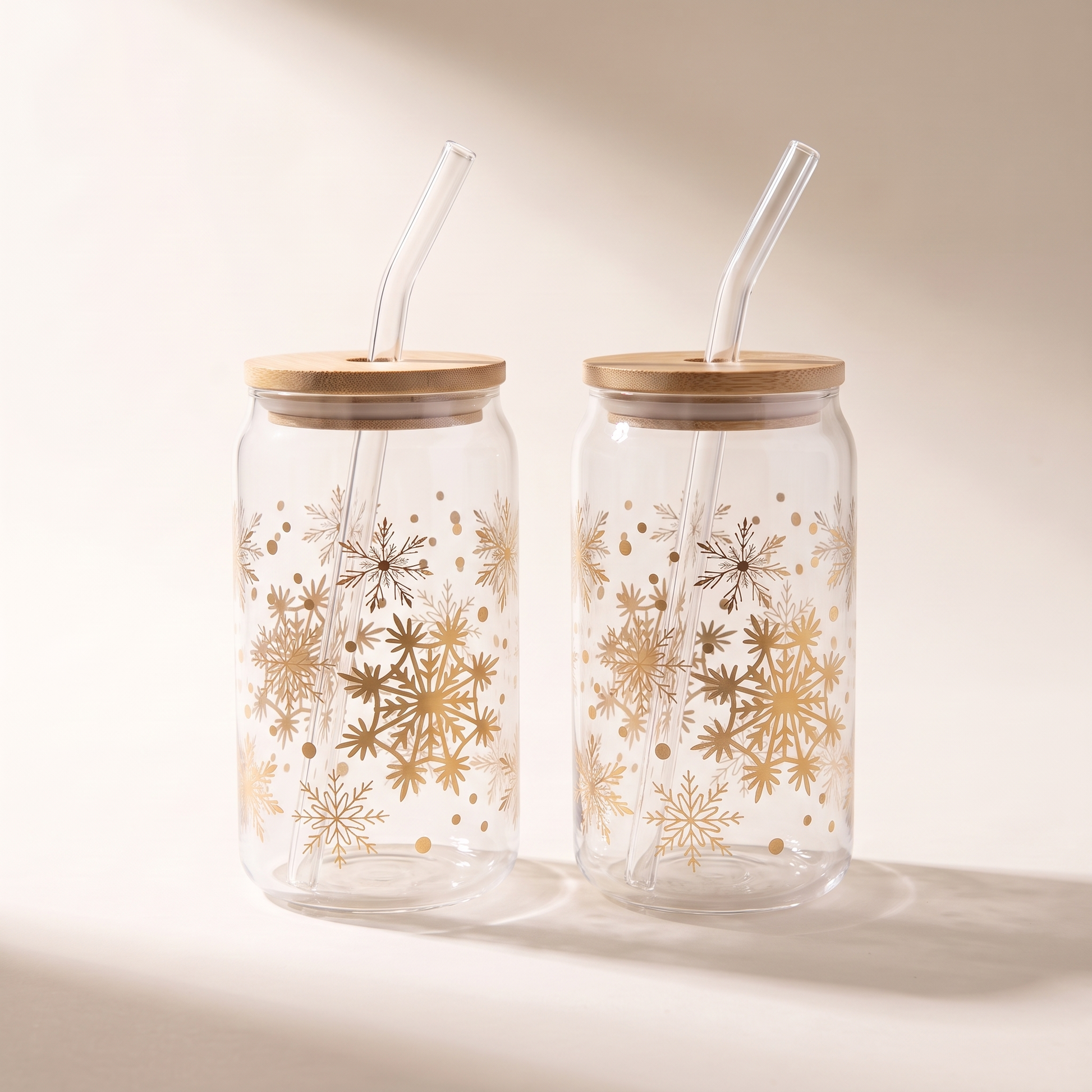 Glass Tumbler Sippers with Bamboo Lid & Glass Straw, 350ml (Set of 2) — Gold Snowflake Print