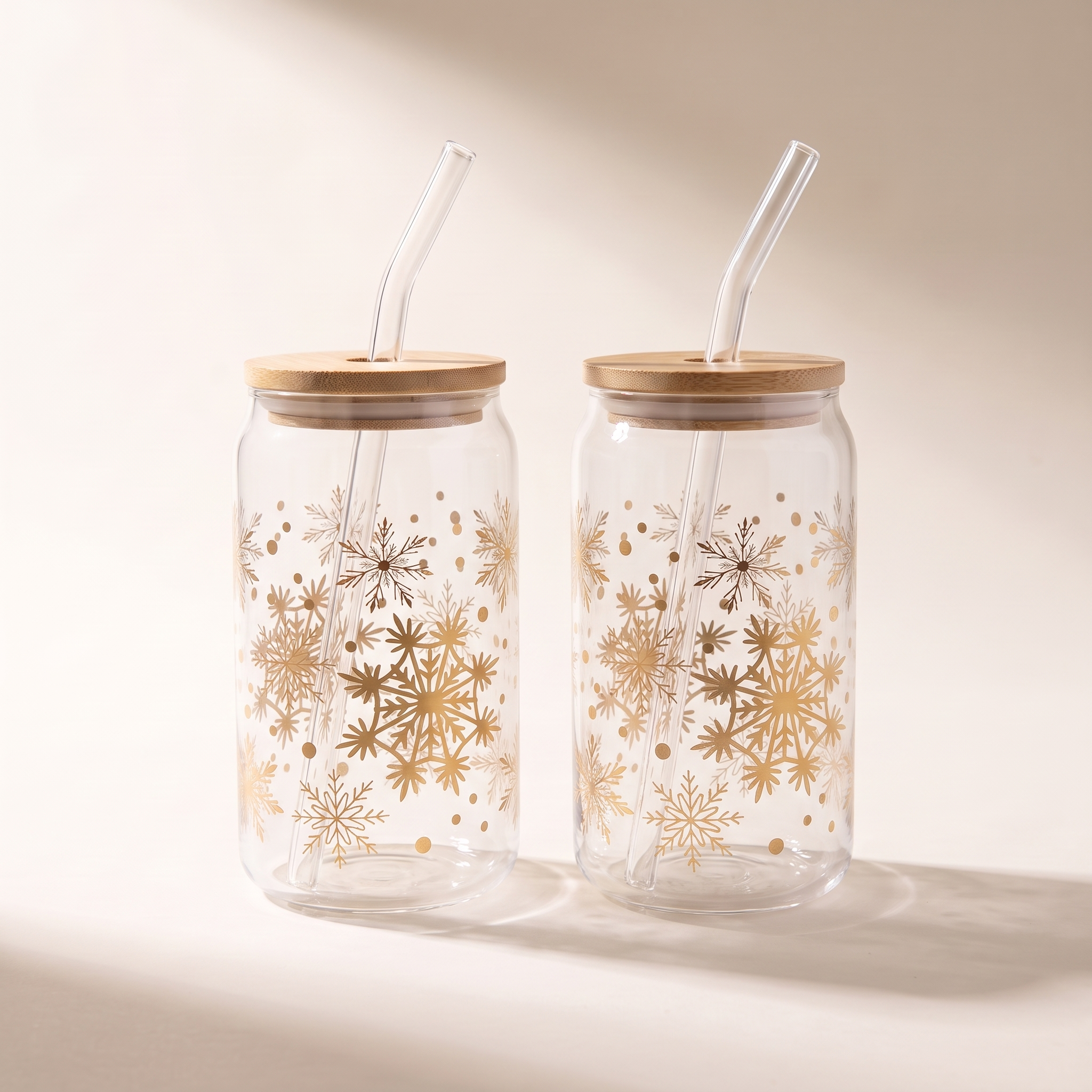 Glass Tumbler Sippers with Bamboo Lid & Glass Straw, 350ml (Set of 2) — Gold Snowflake Print