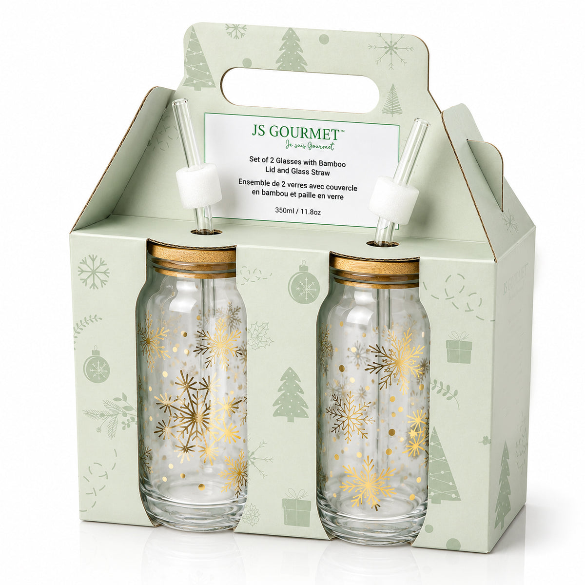 Glass Tumbler Sippers with Bamboo Lid & Glass Straw, 350ml (Set of 2) — Gold Snowflake Print packaging