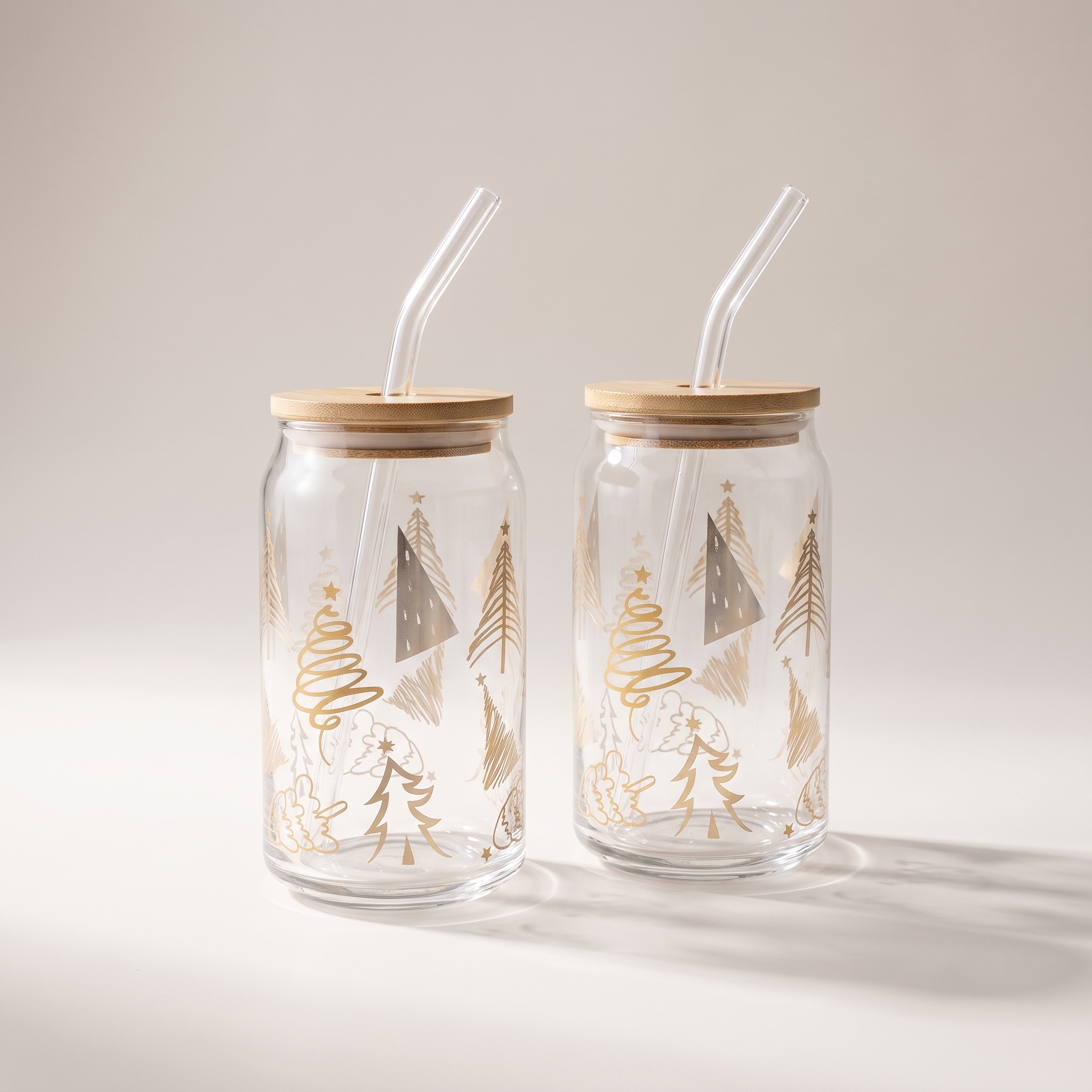 Glass Tumbler Sippers with Bamboo Lid & Glass Straw, 350ml (Set of 2) — Gold Christmas Tree Print
