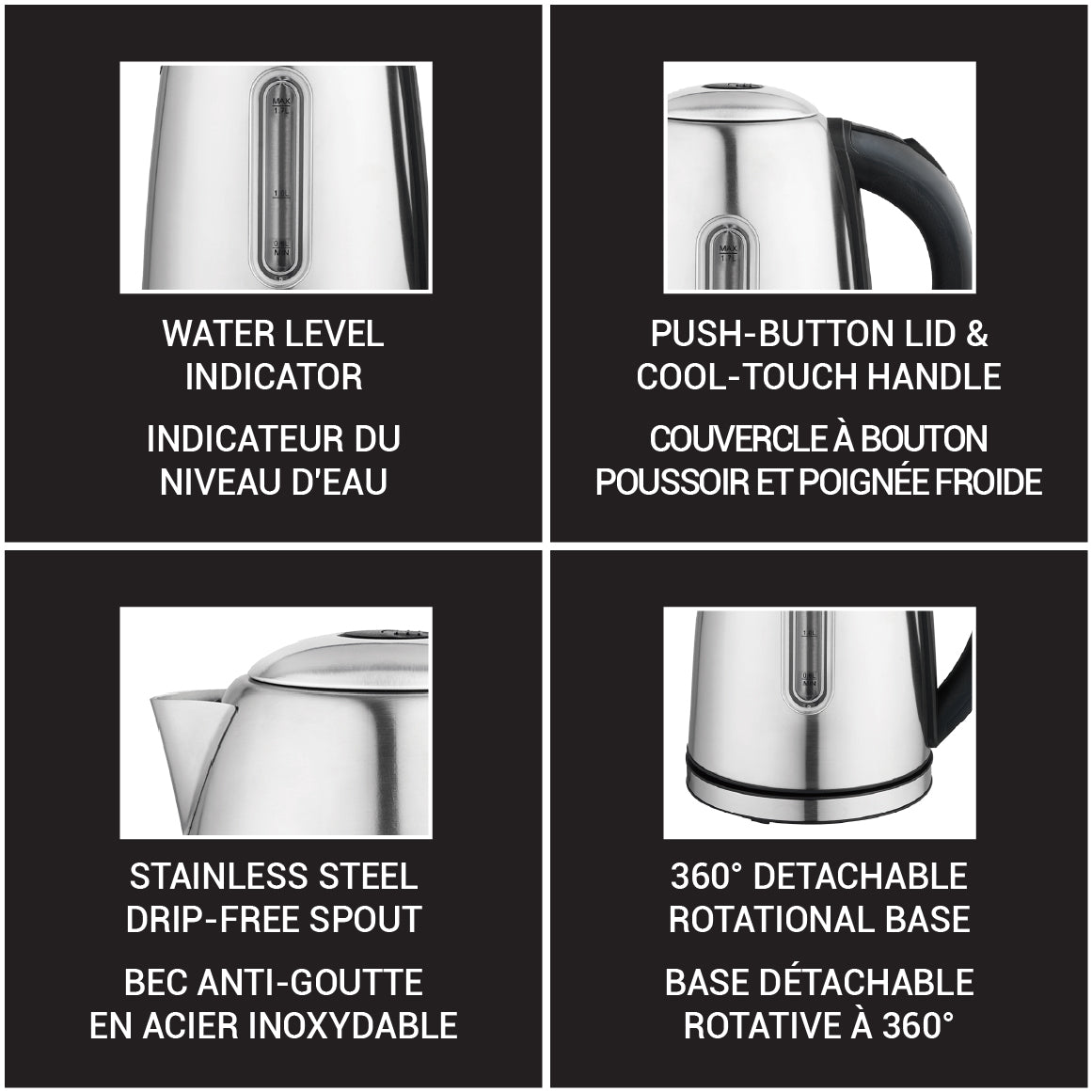 SS kettle 1.7L, LED, 360° base, auto off, boil-dry safe.