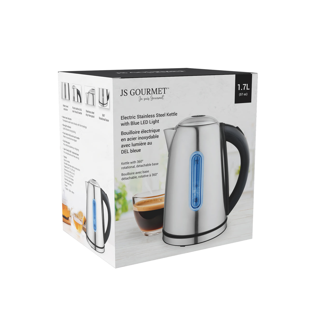 Electric Stainless Steel Kettle with Blue LED Light, 1100 W — 1.7 L packaging
