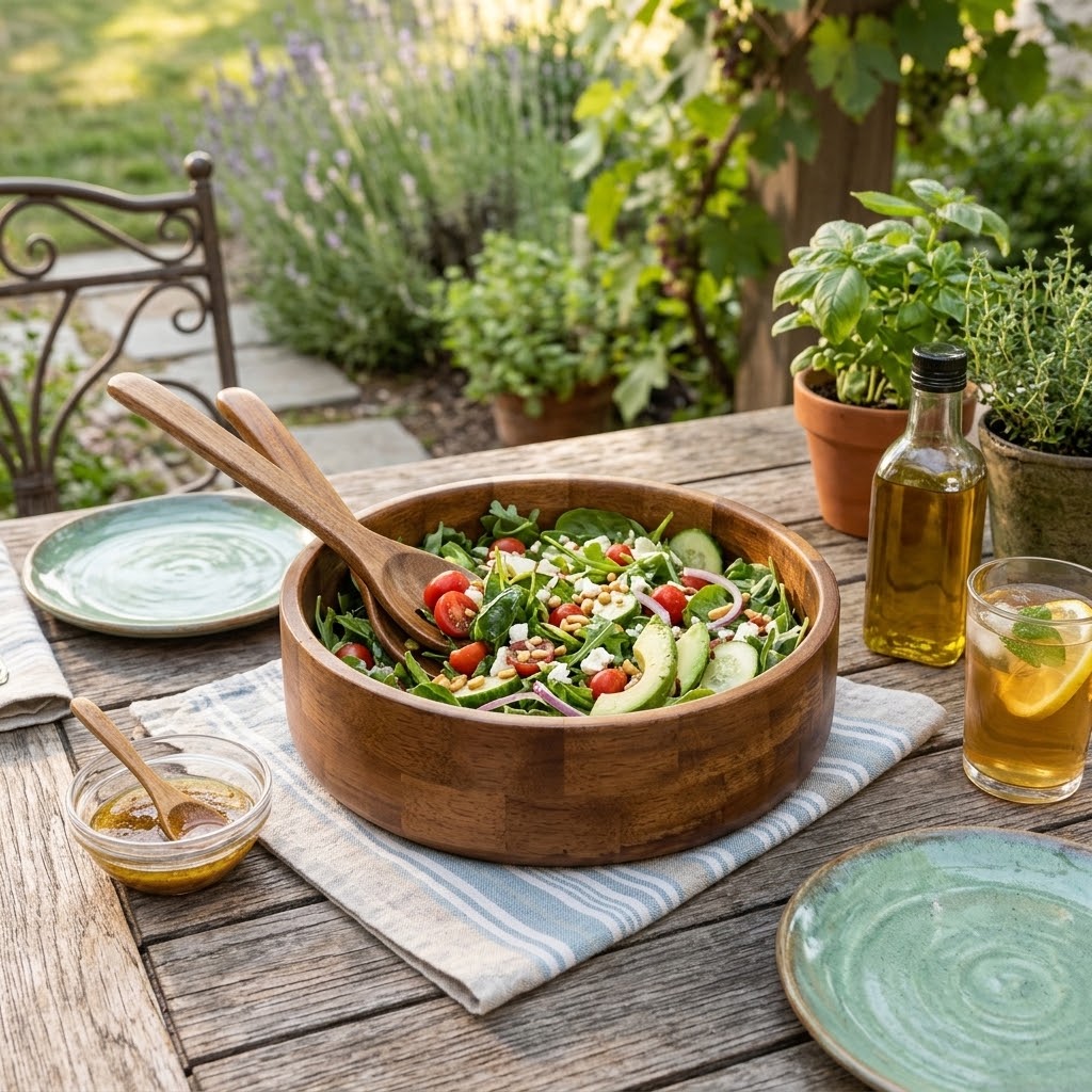 Premium Crafted Acacia Wooden Serving Bowl Set with Serving Spoon & Fork