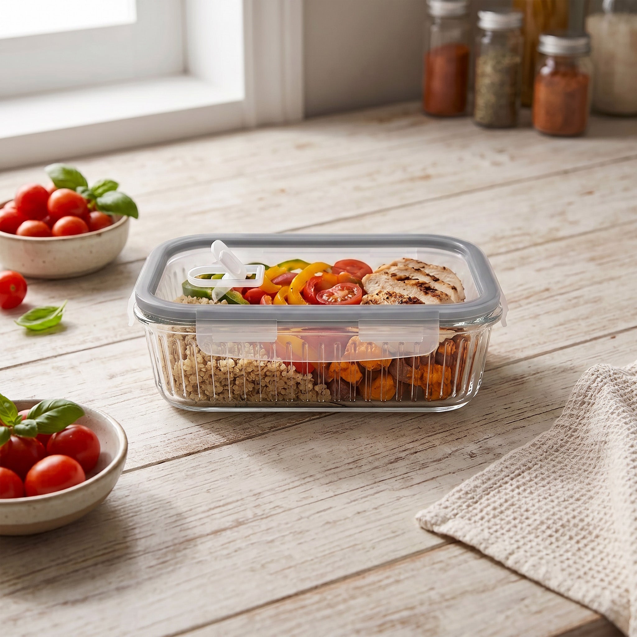 Récipient alimentaire en verre borosilicaté JS Gourmet avec couvercle à évent — 1040 ml