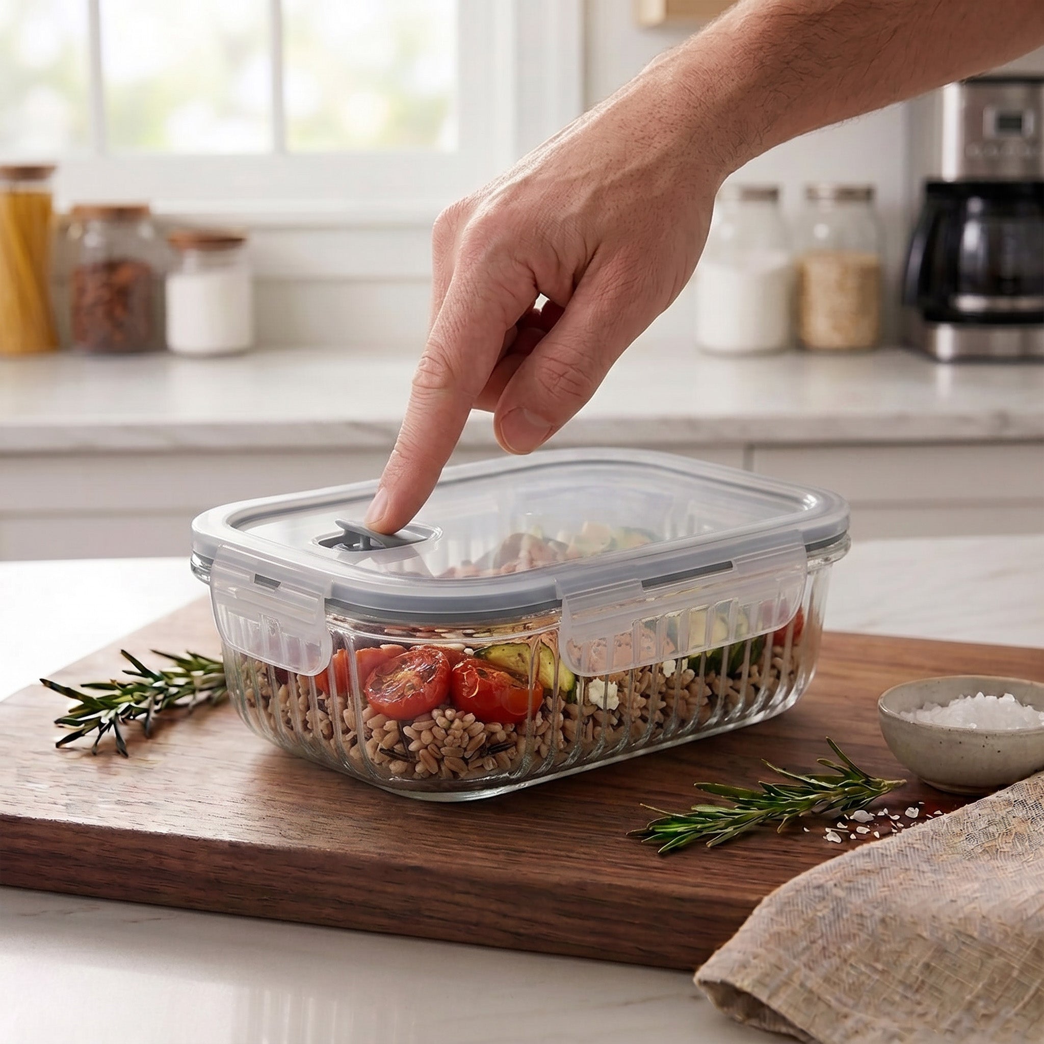 Récipient alimentaire en verre borosilicate JS Gourmet avec couvercle à évent — 640 ml