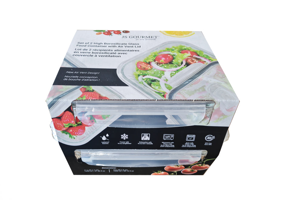 Glass Food Containers (1520ml & 1040ml) with Vent Lids 2pk