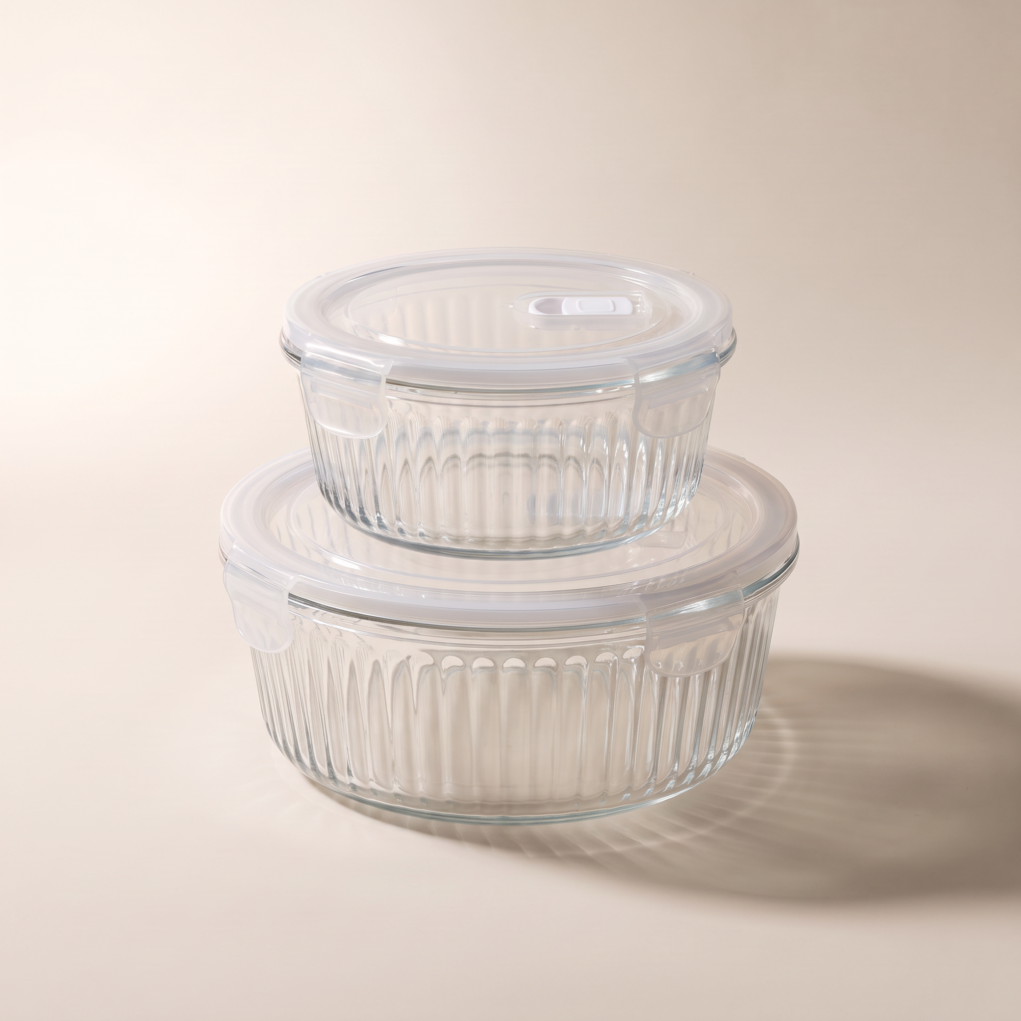 JS Gourmet Round Borosilicate Glass Food Containers with Air-Vent Lids — Set of 2 (620 ml & 950 ml)