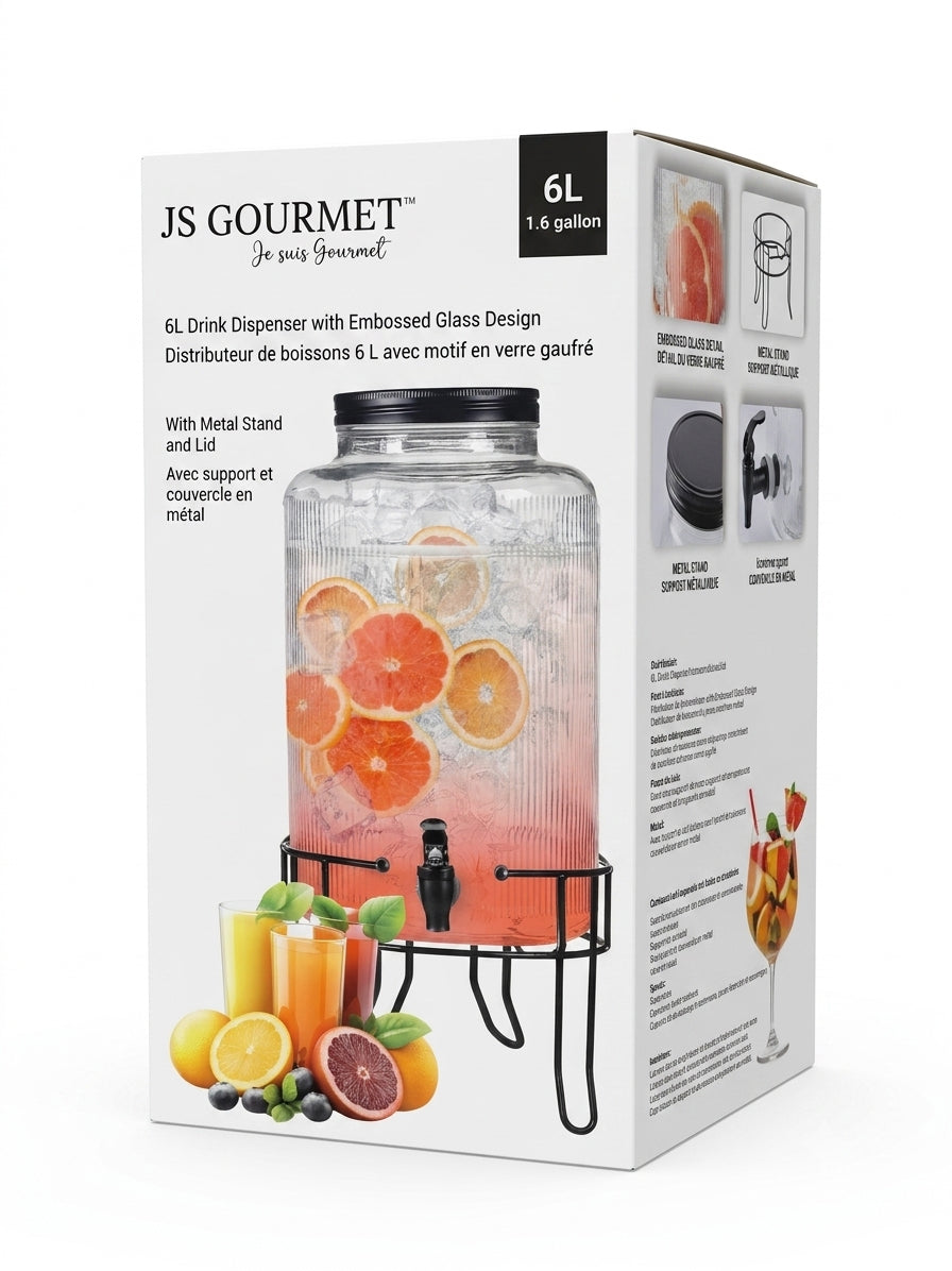 6L Drink Dispenser with Embossed Glass Design and Black Metal Stand packaging