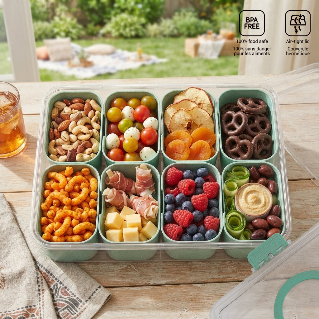 8-Compartment Snackle Box with Handle — Green Wheat Straw