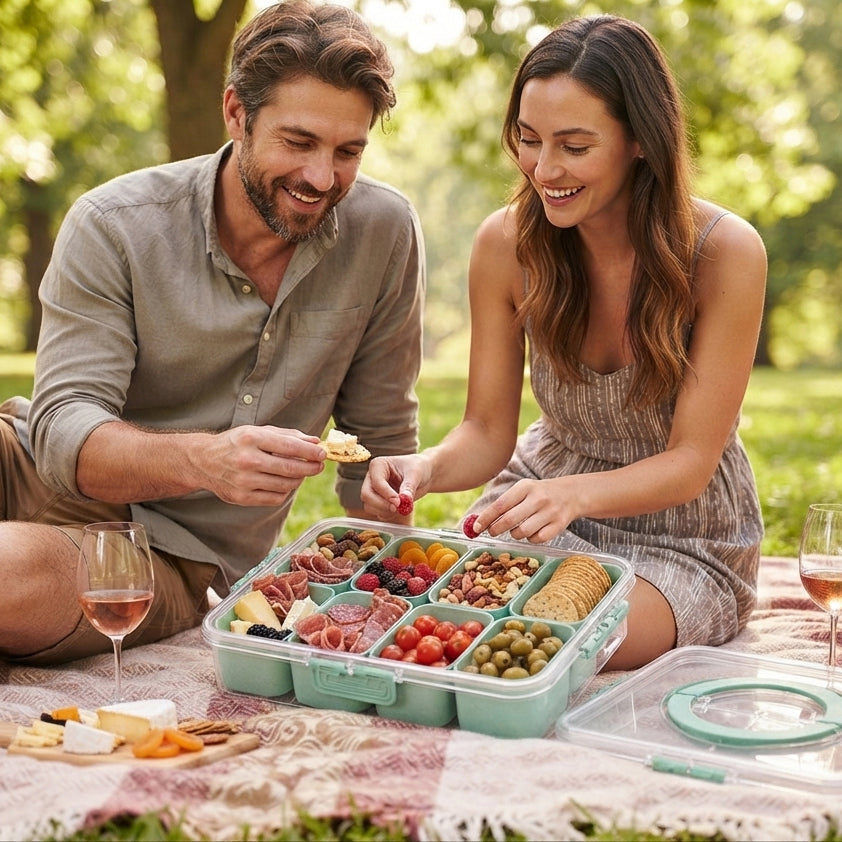 8-Compartment Snackle Box with Handle — Green Wheat Straw