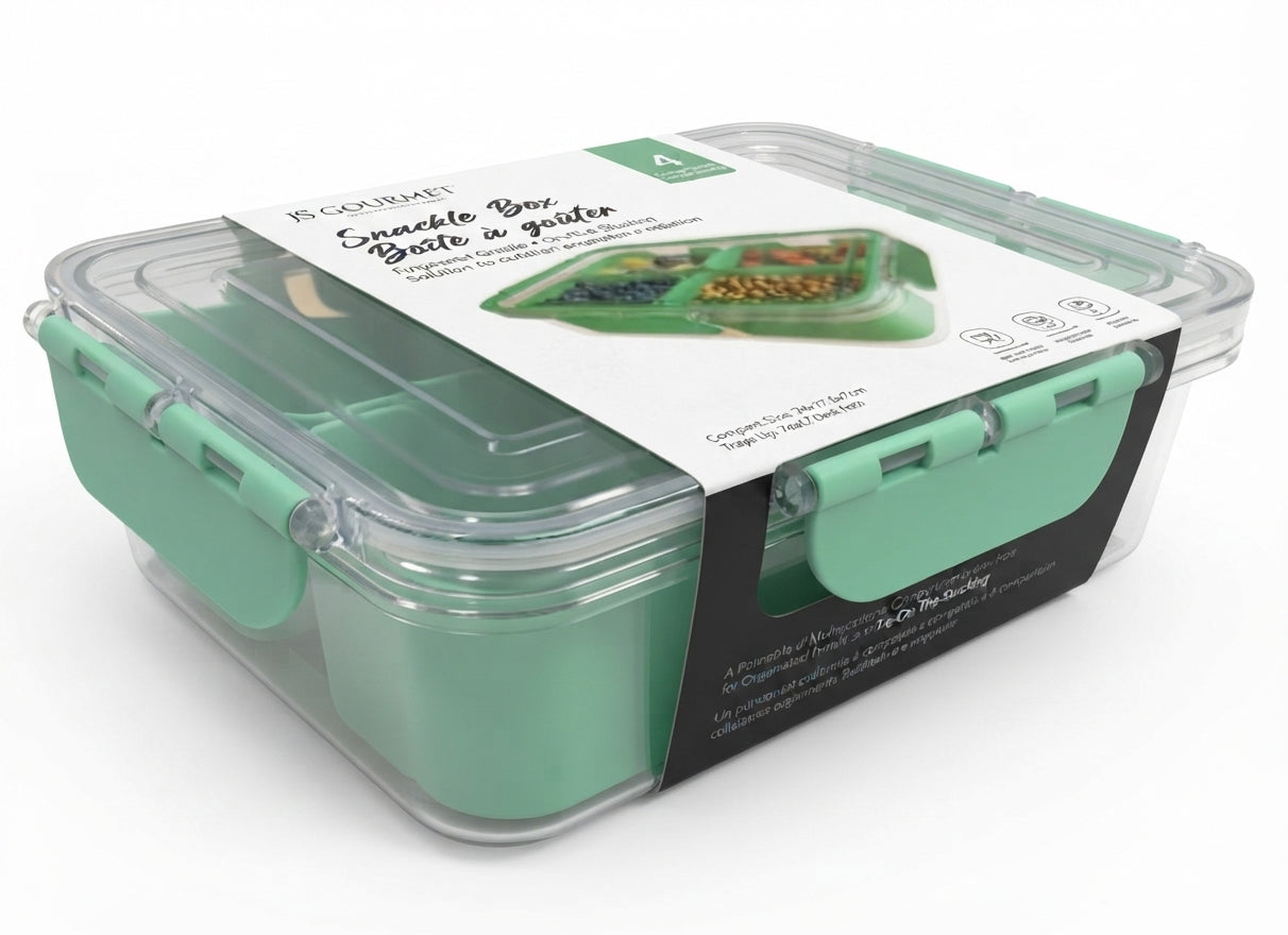 JS Gourmet 4-Compartment Snackle Box with Handle — Green packaging